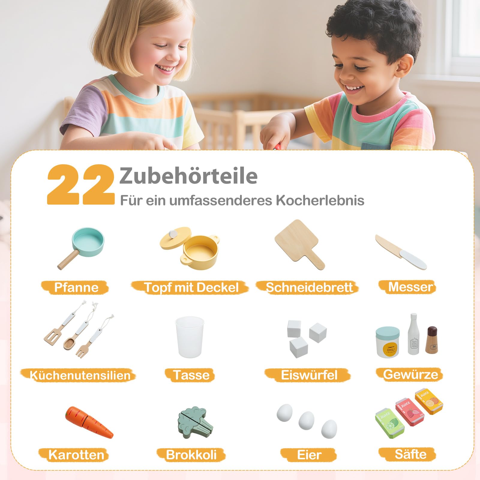 COSTWAY Kuchnia dziecięca z oświetleniem i dźwiękiem, narożna kuchnia do zabawy, drewniana kuchnia z koszem na śmieci, lodówka z podwójnymi drzwiami, zlewozmywak, pralka, kuchenka mikrofalowa i 22