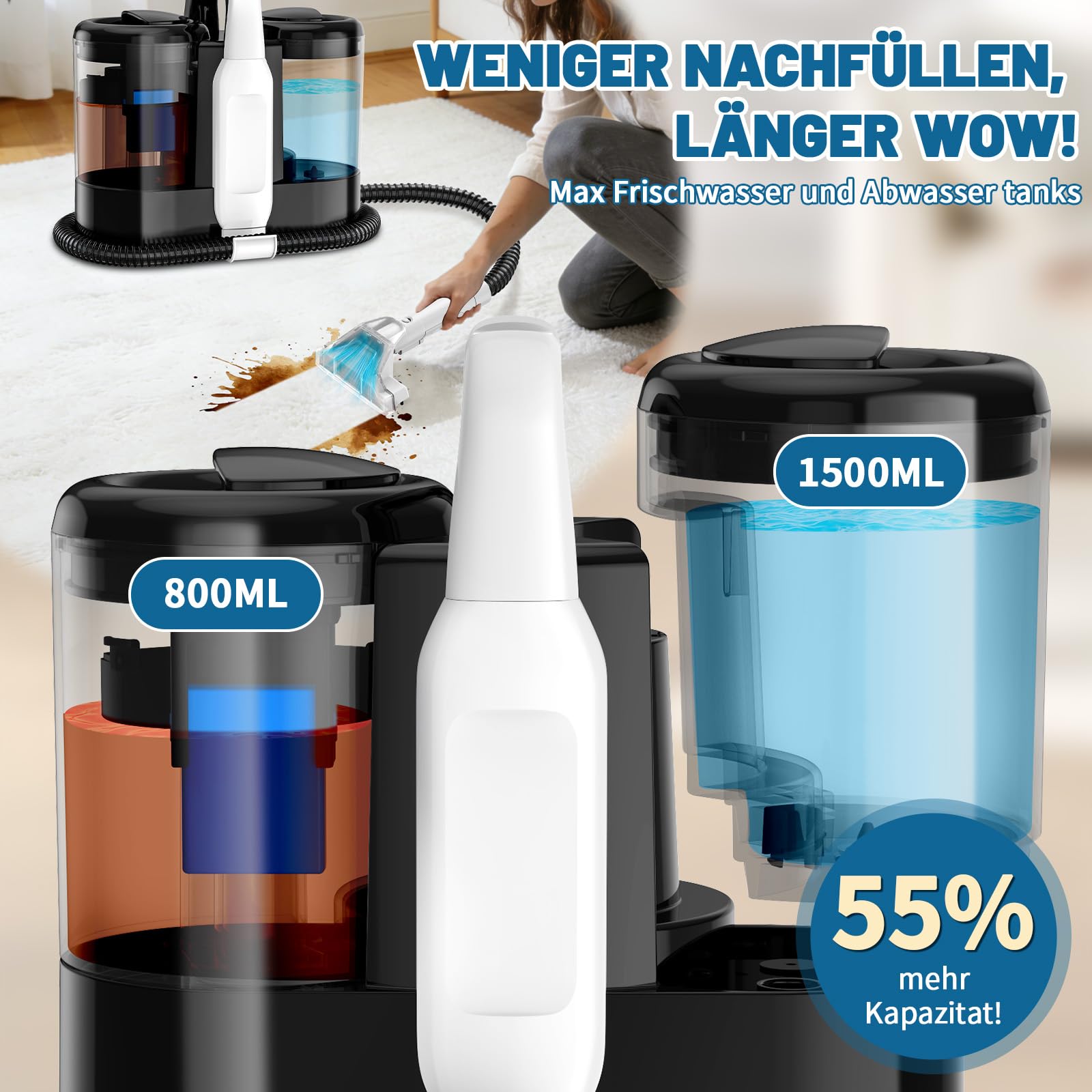 Polsterreiniger Gerät, 600W 17kPa Teppichreiniger Waschsauger, Nassauger mit Reinigungsmittel, Kompakter Teppichreiniger und Textilreiniger – Waschsauger für Teppich, Polster Autositze & Sofa