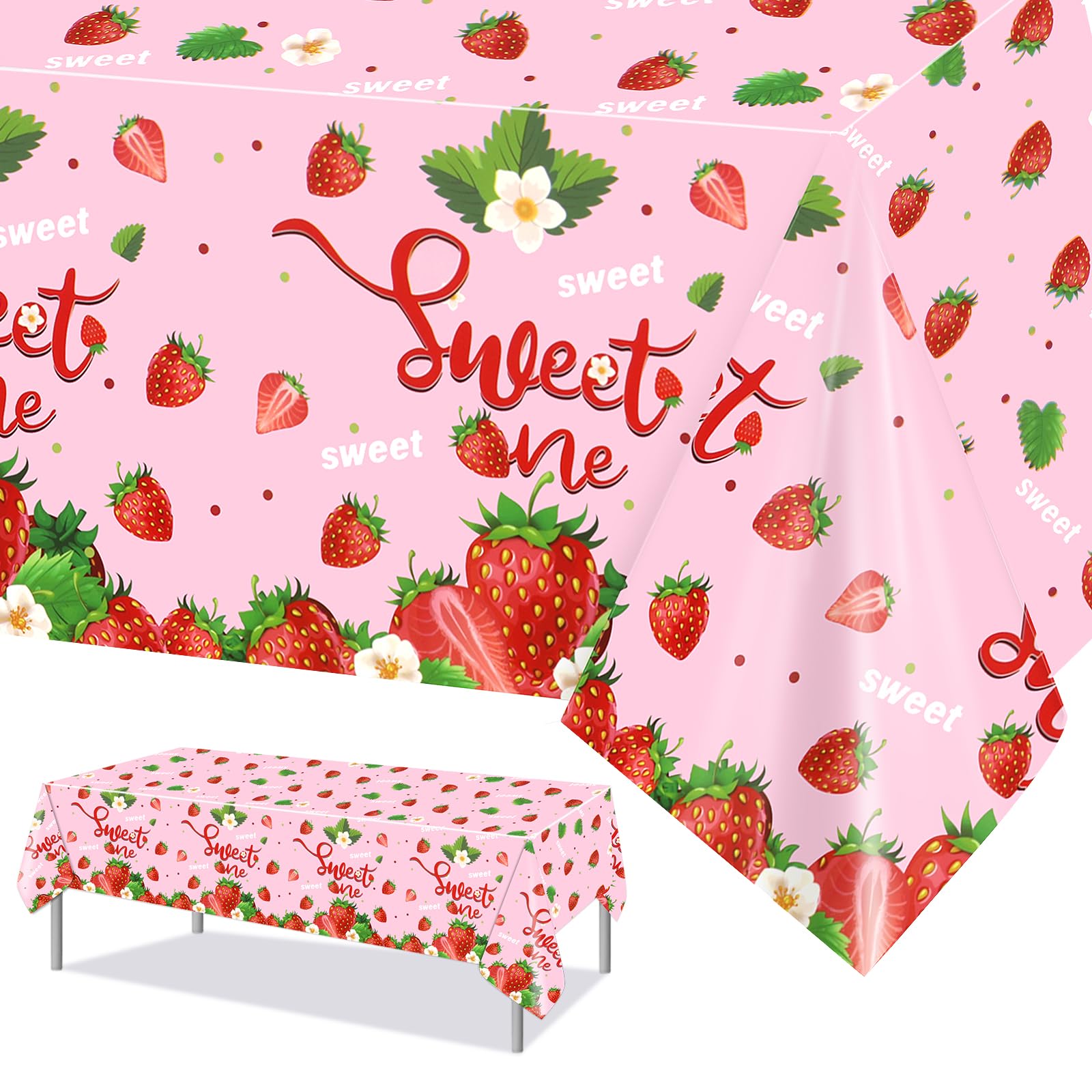 PHOGARY 3 Pieces Strawberry Tablecloth Sweet One Birthday Table Cover Berry First Birthday Decorations Plastic Strawberry Theme Party Decor Party