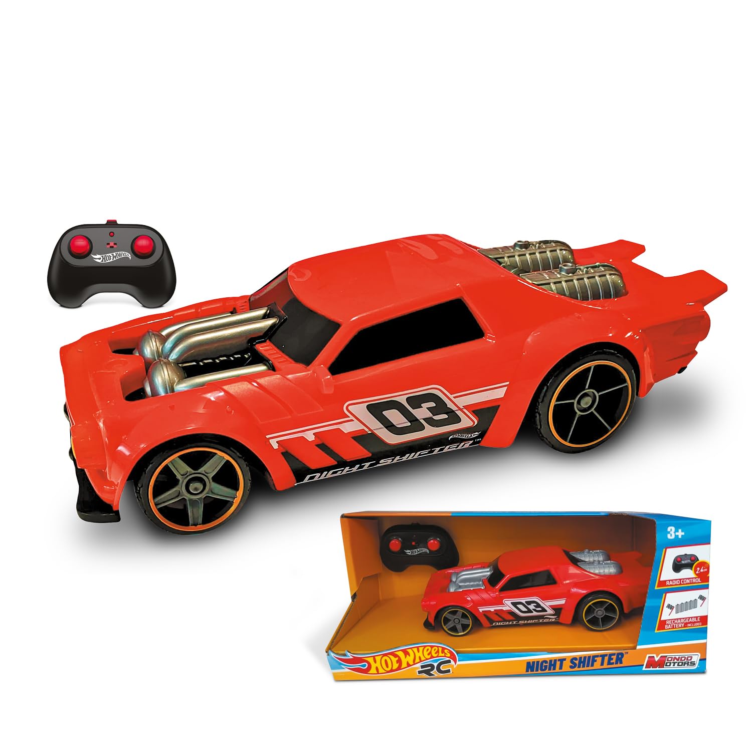 Mondo Motors Hot Wheels Night Shifter, Modelo a Escala 1:16, con baterías Recargables, hasta 8 Km/h de Velocidad, Coche de Juguete para niños 63851, Color Rojo