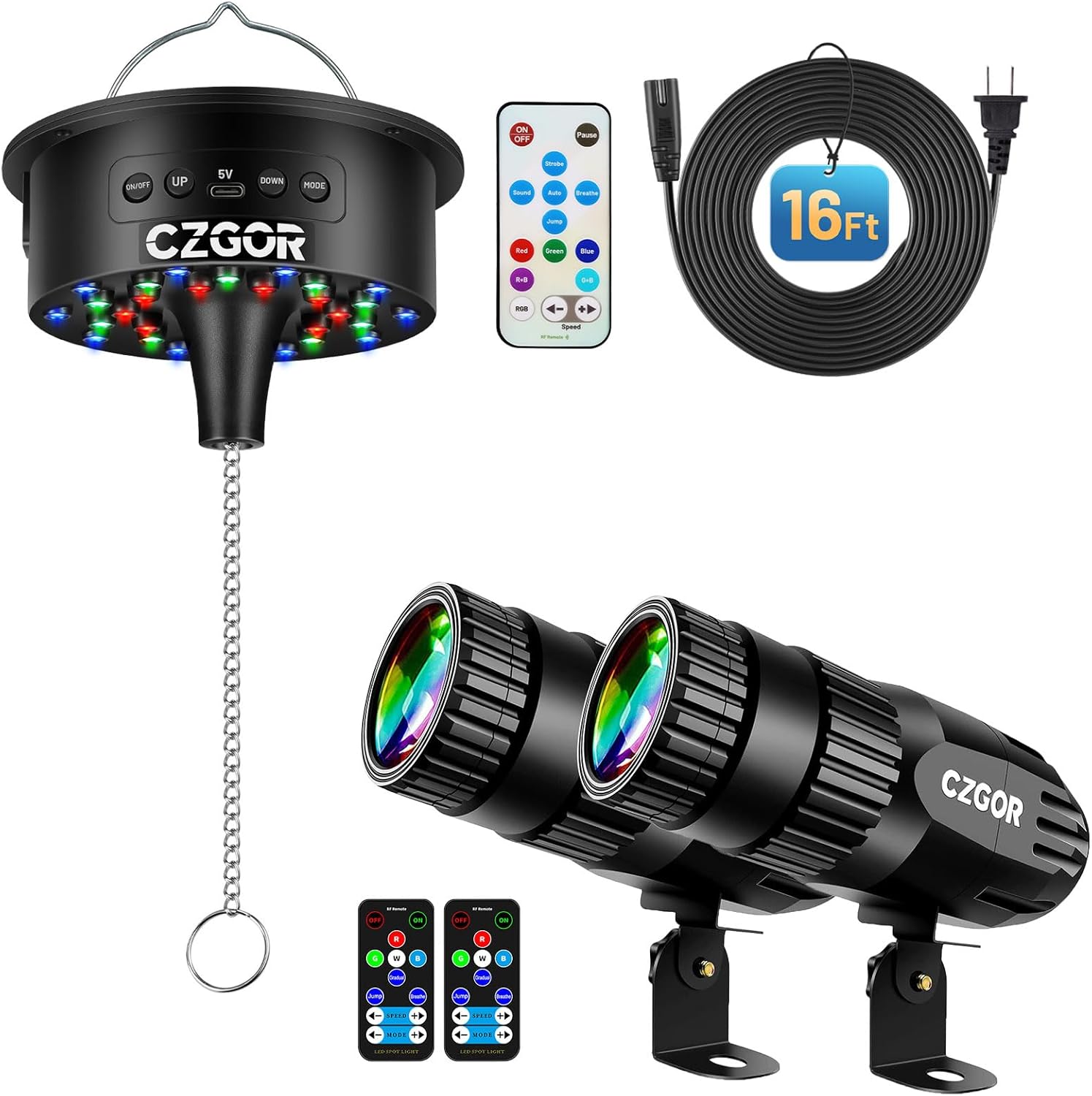 16ft Disco Ball Motor with Light & 2 Pack Black Led Pinspot Light