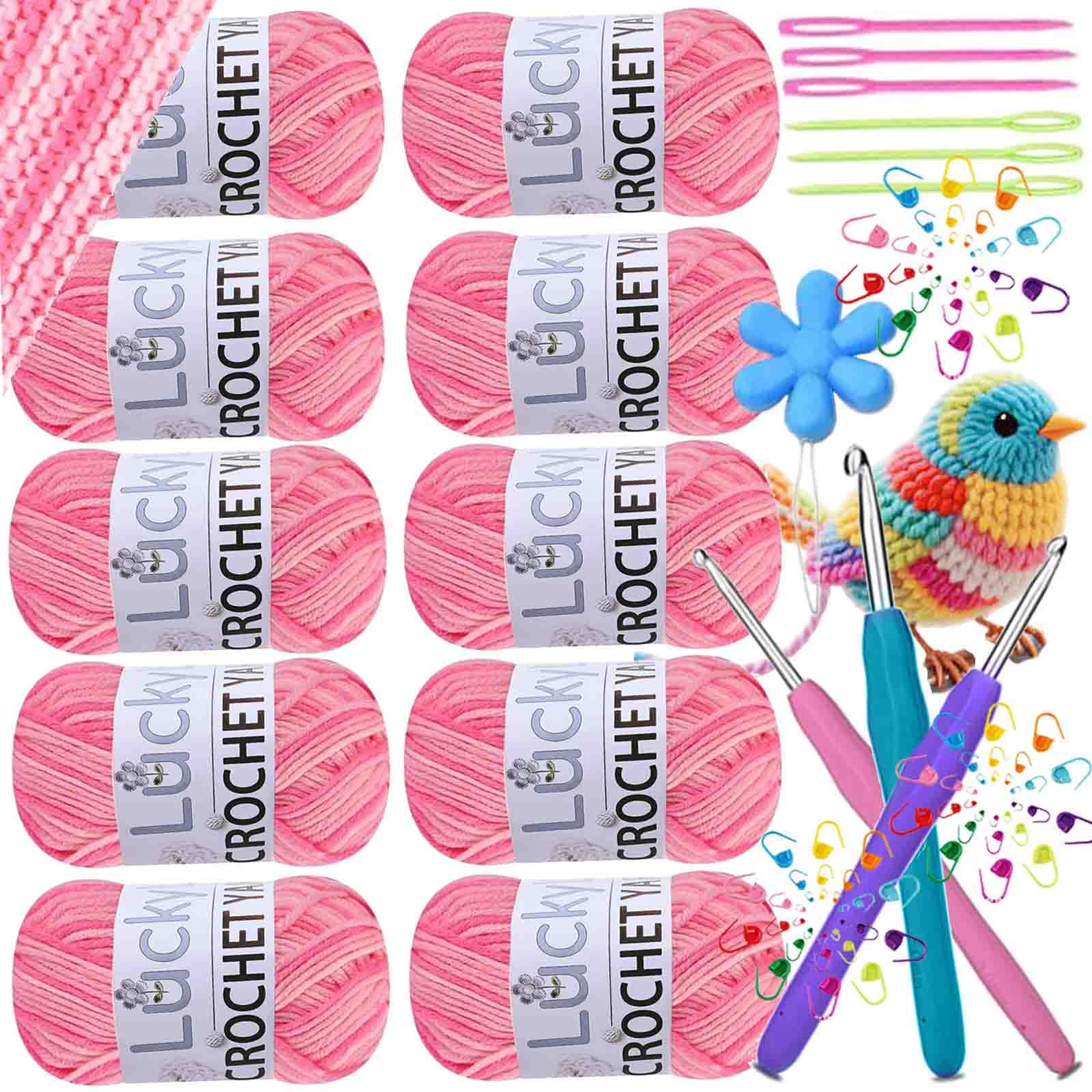 Crochet Yarn Double Knitting Wool (10X50g), Multicoloured Acrylic Yarn Crochet Wool with Aluminum Crochet Hooks Stitch Markers for DIY Amigurumi Craft Blankets Socks Dolls (07 Pink White Gradient)