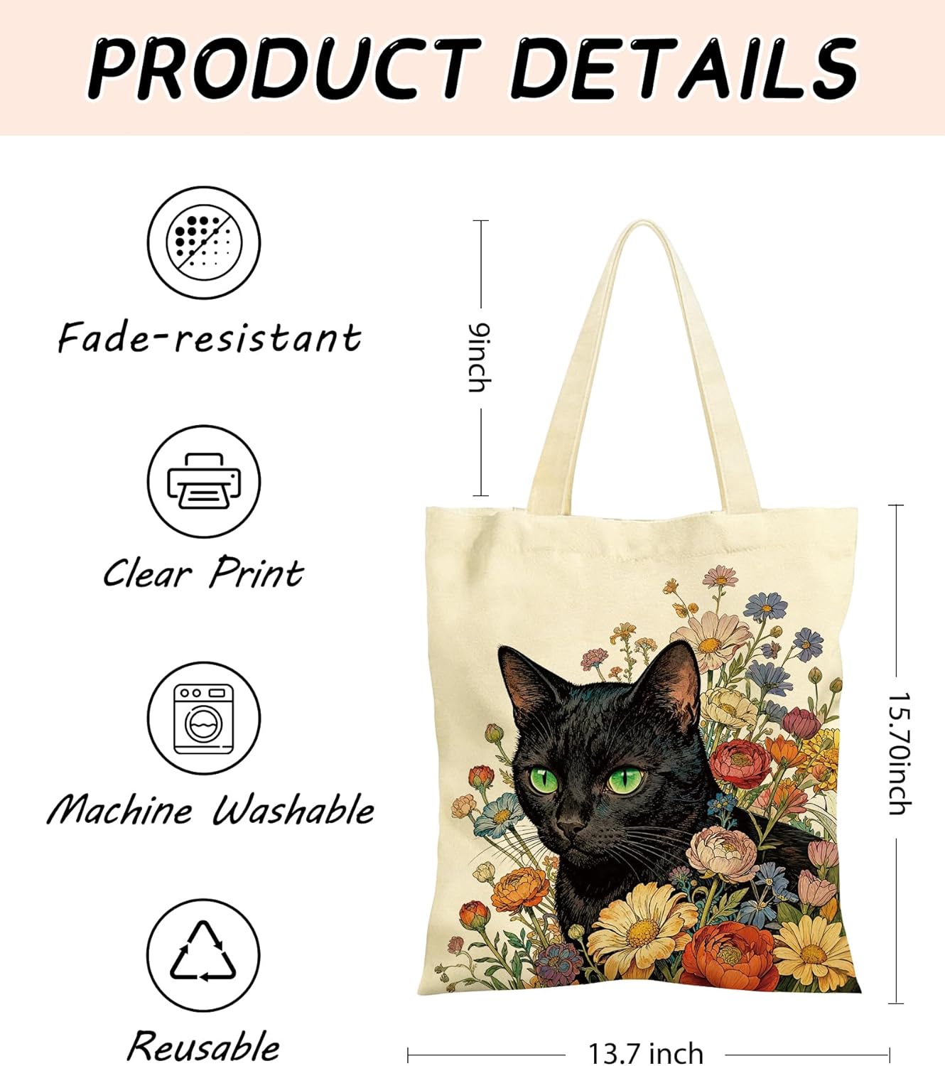 Women's Canvas Tote Bags with Inner Pockets & Metal Snap, Reusable Tote Bag for Girl's Vacation Travel Gym Shopping - Image 3