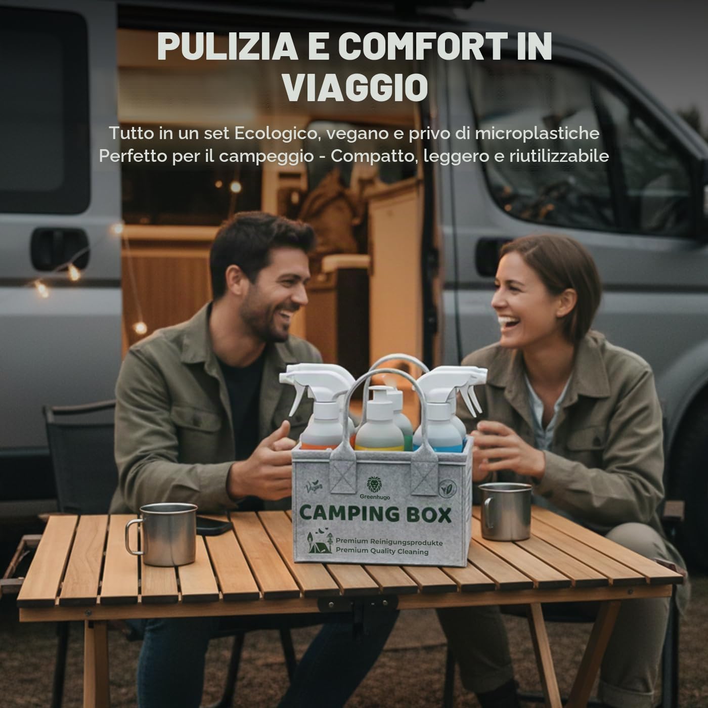 Camping Box – Set Pulizia 8 Pezzi | Eco & Vegan | Detergenti Ecologici per Camper, Campeggio & BBQ | Idea Regalo Premium (1, Camping)