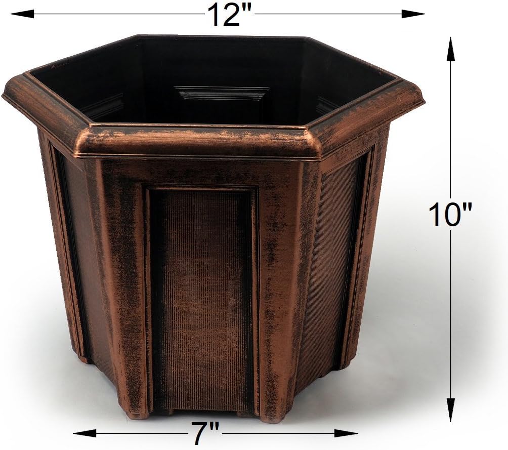 12" Rustic Hexagon Medieval Look (Set of 2 Planter + 2 Matching Trays) Flowerpot for Indoor Outdoor Garden Patio Office Home Decor (Copper-L)