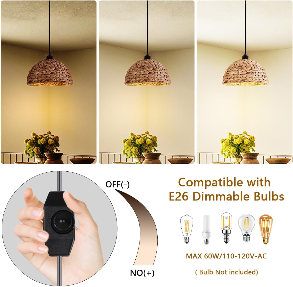 11.8 Inch Boho Pendant Light Dimmable Rattan Pendant Lighting Hanging Light with Switch Woven Lampshade Hanging Lamp Fixture with Plug in Cord for Kitchen Island Bedroom Living Room
