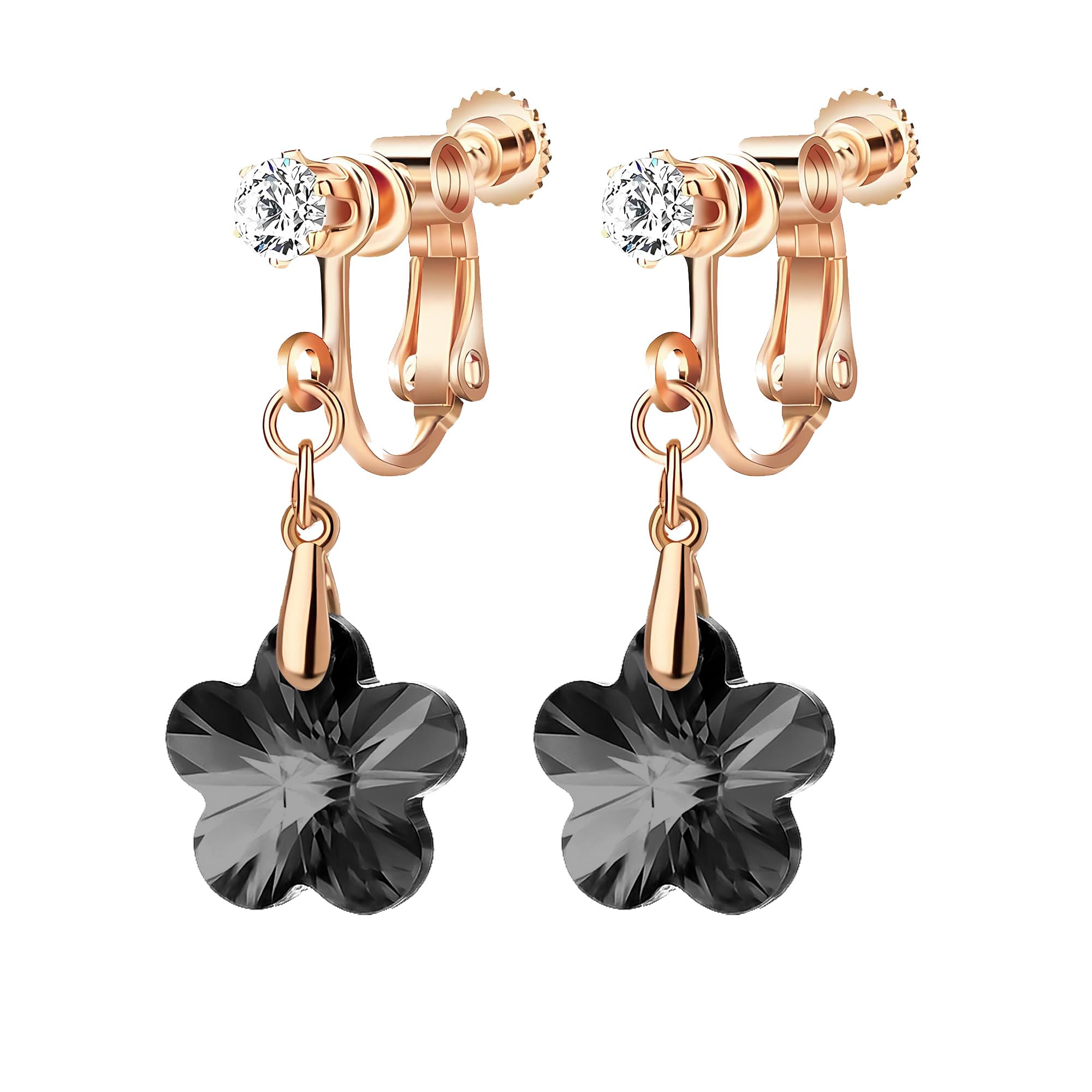 Austrian Crystal Flower Drop Clip On Earrings for Women Non Pierced 14K Rose Gold Plated Hypoallergenic Dangle Earring Jewelry