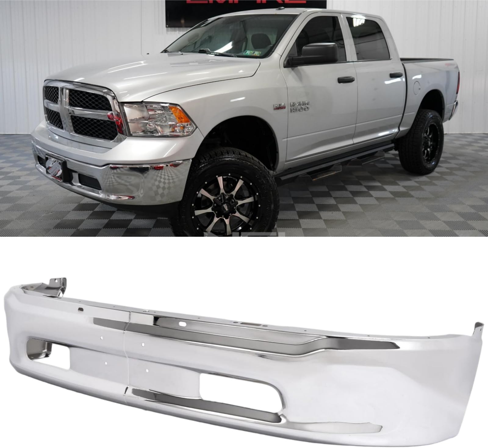 Front Bumper Compatible with 2013-2018 Dodge Ram 1500, Chrome Truck Automotive Steel Replacement Bumpers Face Bar, with Fog Light Holes & Sensor Holes (Style L)