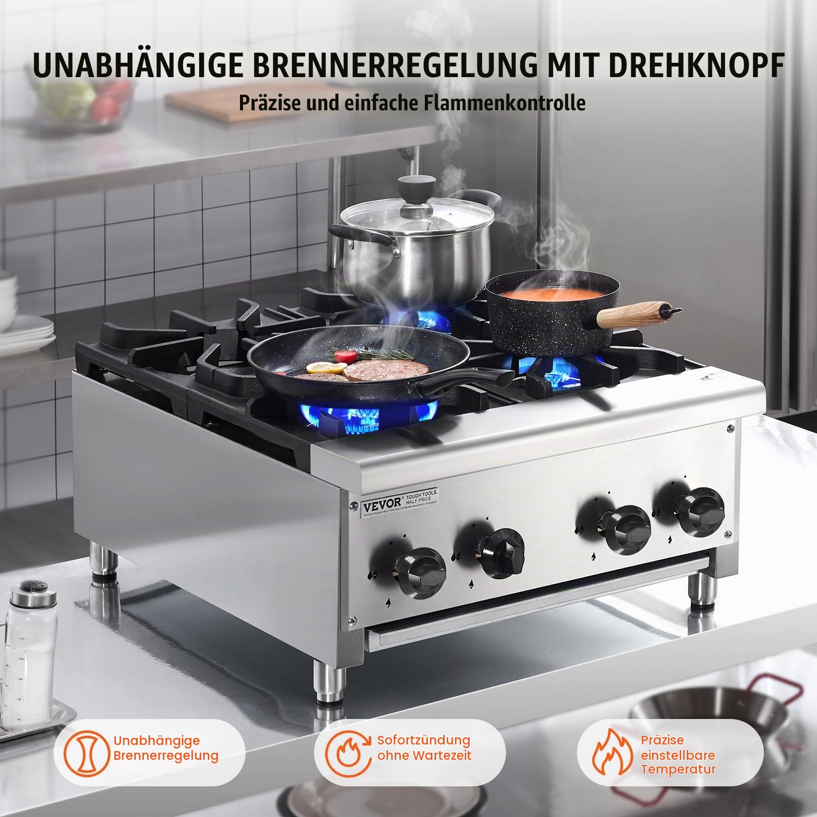VEVOR Kommerzieller Gasherd Gaskochherd mit 4 Gaskochfelder, Propan/Erdgas-Kochherd Edelstahl-Gaskochplatte, kommerzielles Kochgerät 610 x 775 x 335 mm für Restaurants Hotel Café 28 kW