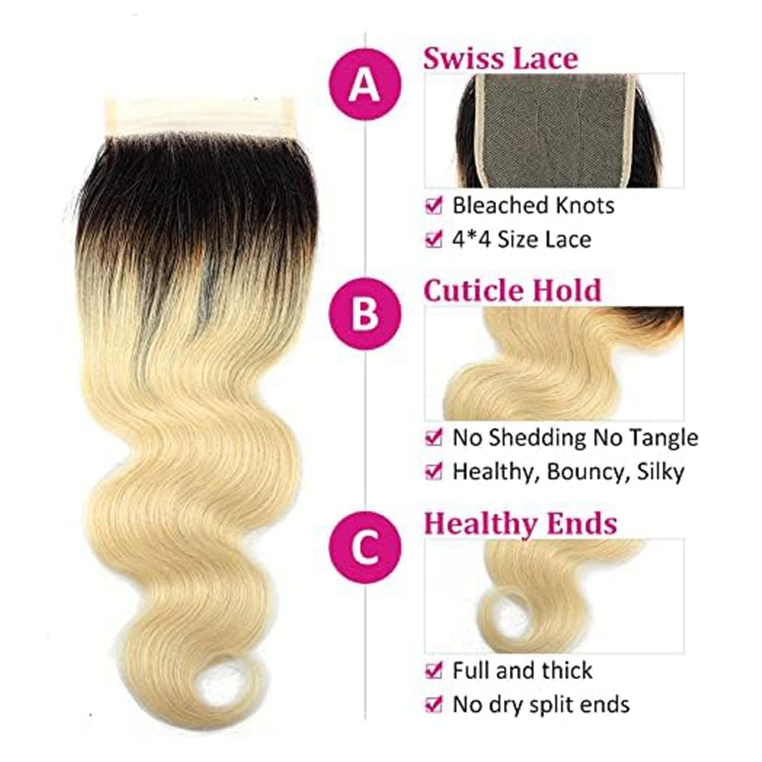 Ombre Closure Blonde 1B/613 Body Wave 22 Inch Ash Dark Roots 1B 4x4 Transparent Lace With Baby Hair 12A Grade Brazilian Virgin Real Human Hair High Density