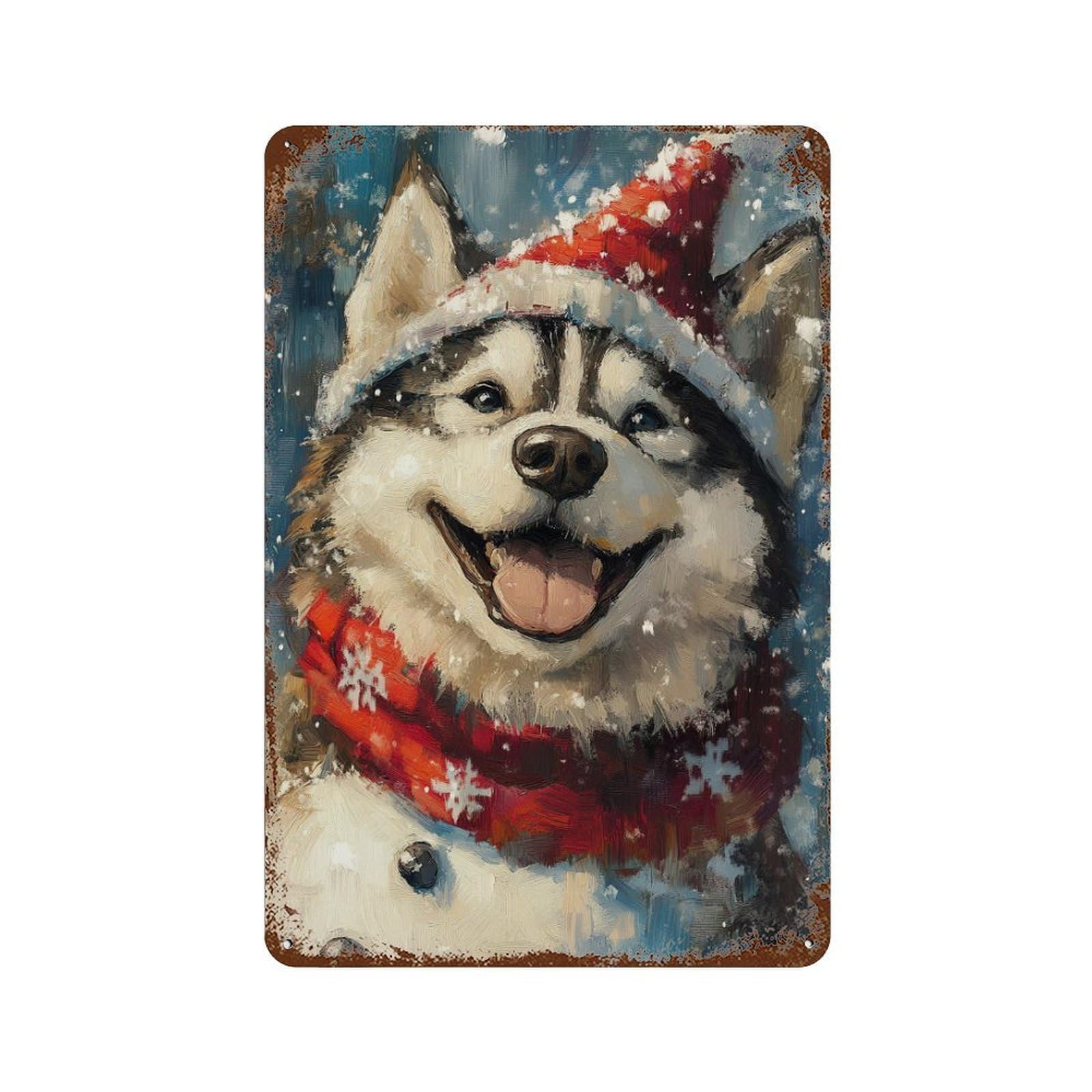 Rust Effect Winter Husky Fun Rustic Tin Plaque 11.8"x7.9", Industrial Home Decor for Bistro, Counter And Cafe Decor