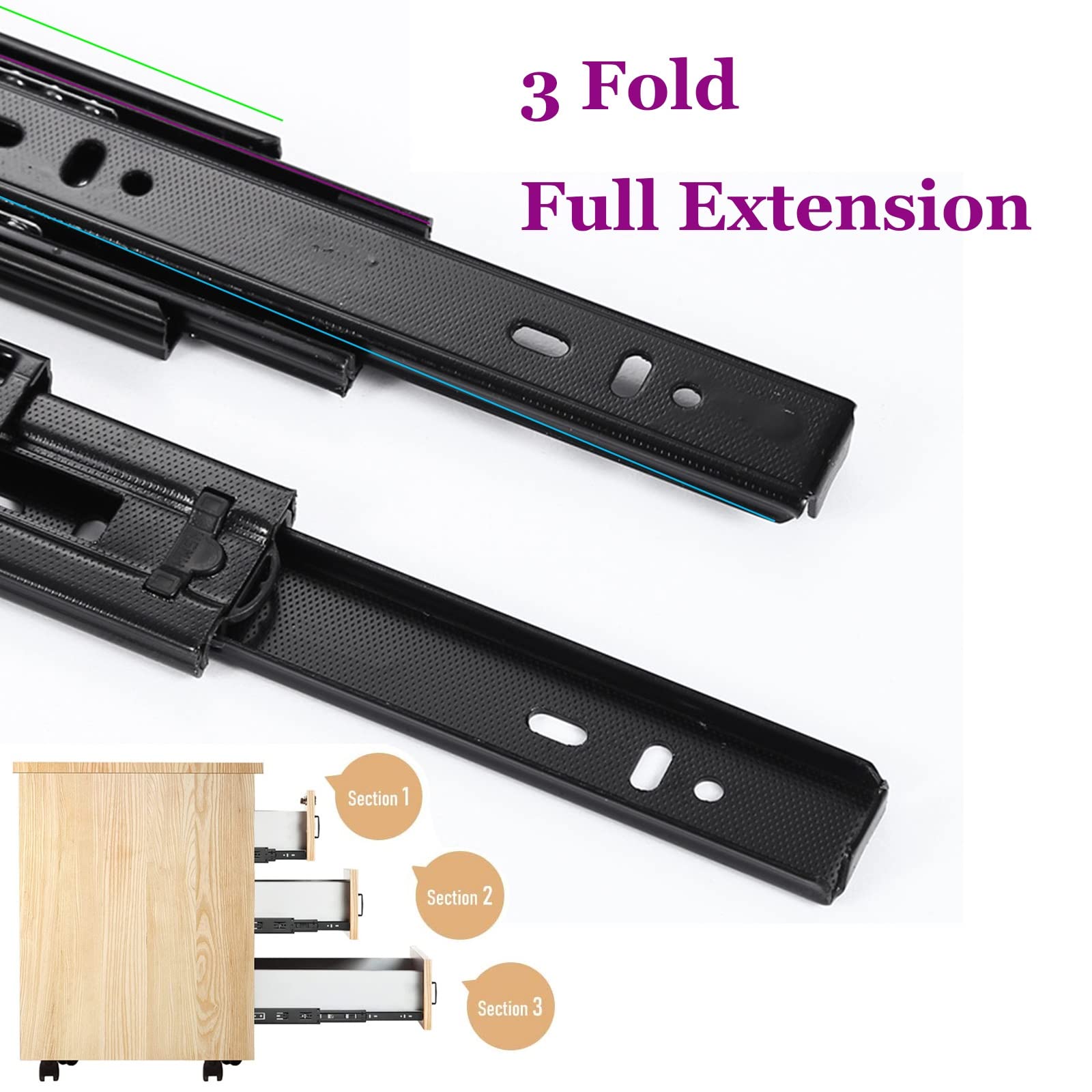 Guías para cajones de gabinetes Guías for cajones de extensión completa de 7 pliegues for armario de cocina, 250, 350, 400, 450, 500 mm, 2 pares de guías de rieles deslizantes de metal con rodamiento