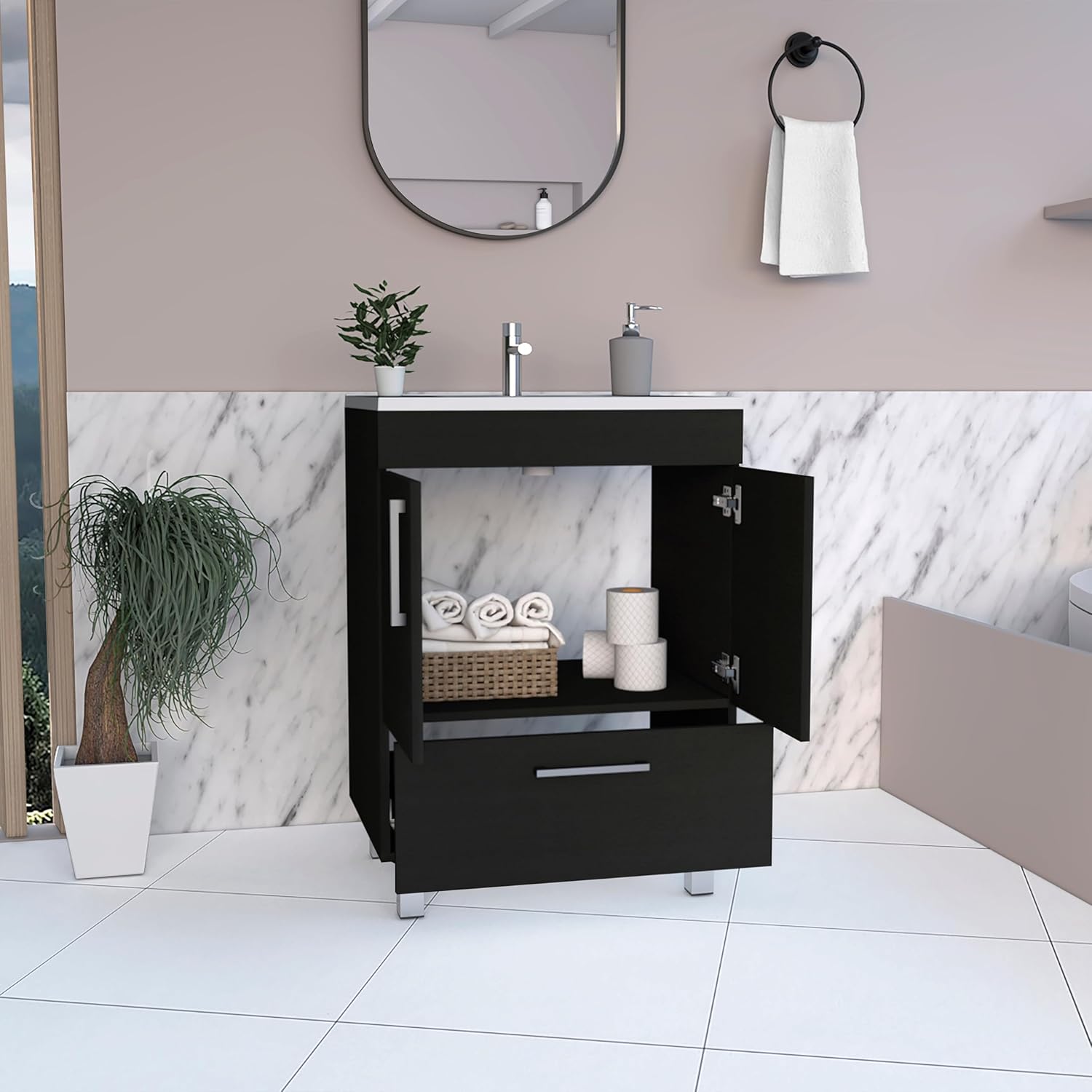 Tuhome Velloc Single Bathroom Vanity with Double Door Cabinet, Spacious Lower Drawer, Ergonomic Compact Design, Superior Top Surface and Moisture-Resistant Construction, Modern Black Vanity