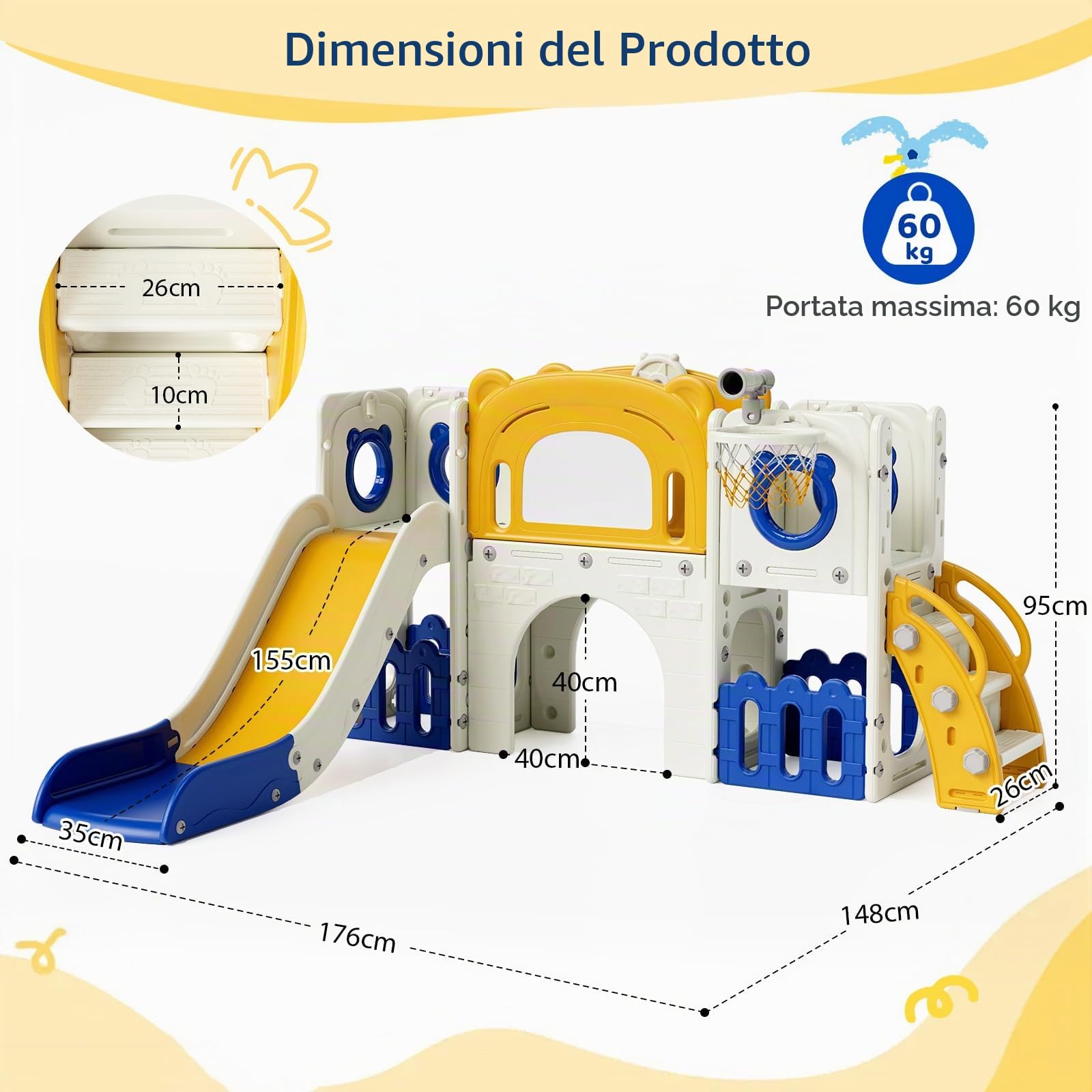 MAMIZO 10 in 1 Scivolo per Bambini, Scivolo Giocattolo da Interno o Esterno Canestri da Basket e Telescopi, Scivolo da Giardino Spazio di Deposito e Tunnel, mit 4PCS Moduls, Blu Giallo