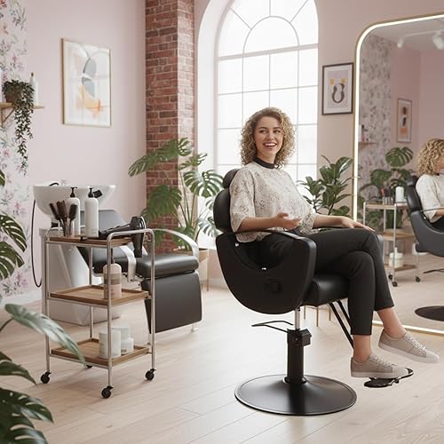 Vista 9 de Silla de peluquería de salón negra y dorada, silla reclinable para estilista para el hogar, silla de peluquería con bomba hidráulica, giratoria