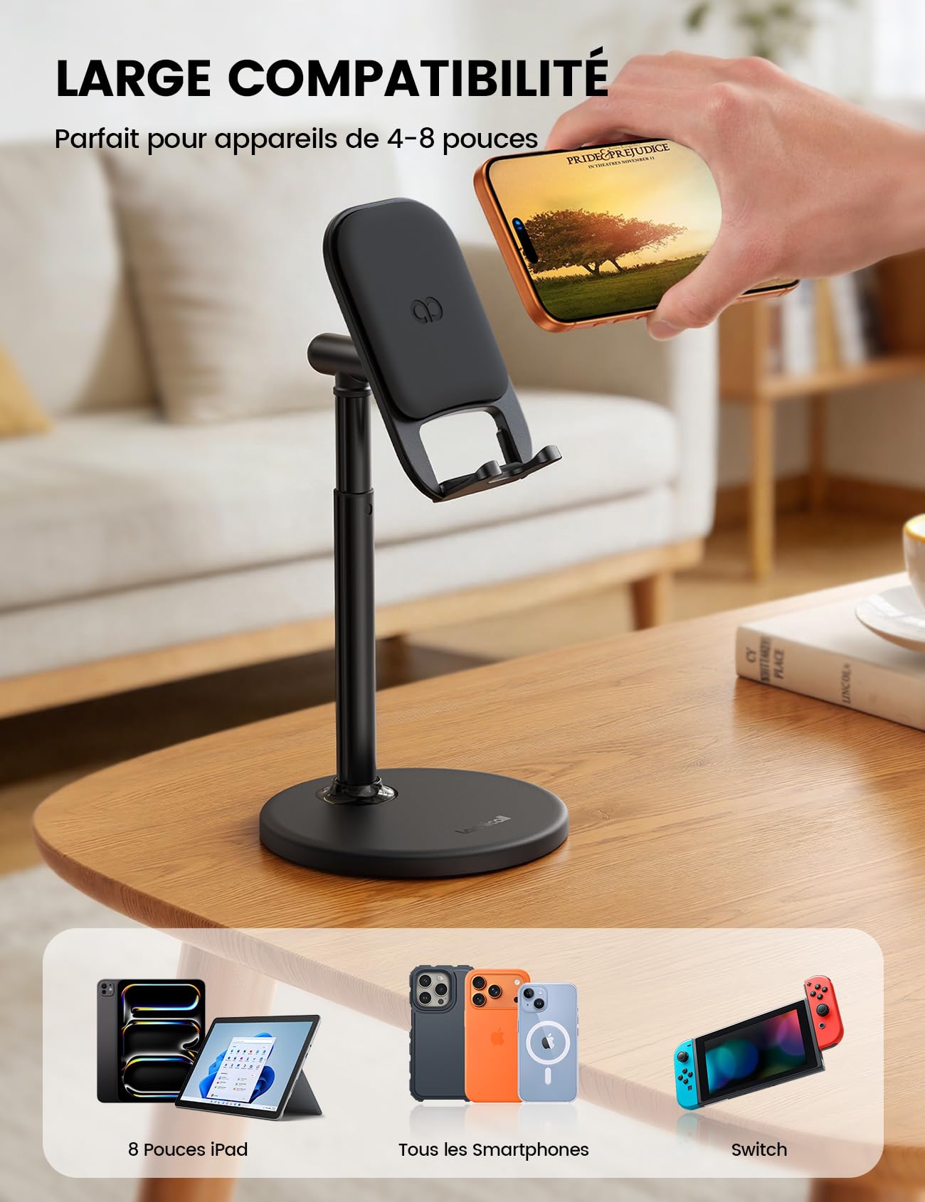 Lamicall Support Téléphone Bureau Réglable, Porte Téléphone avec Base Métallique Stable pour iPhone Android Smartphone Tablette