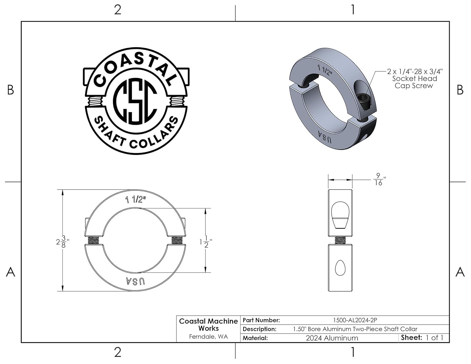 1.50" Bore Diameter - Clamping Two Piece Shaft Collar - 2024 Aluminum (2 Pack)
