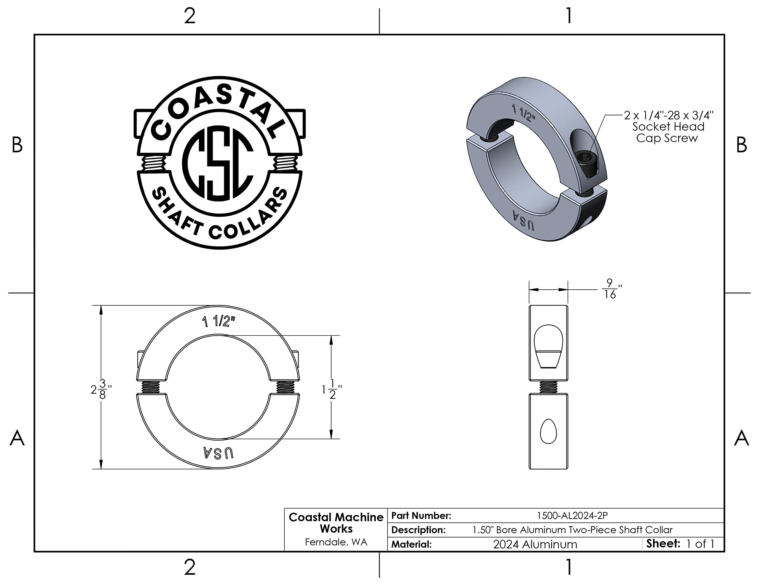 Diámetro del orificio de 1.5 pulgadas - Collar de eje de dos piezas de sujeción - Aluminio 2024 (paquete de 1)