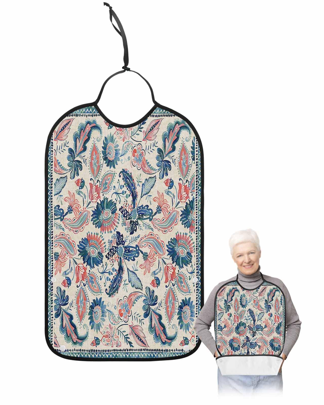 LEOKOTI Teal Blue Red Ethnic Adult Bibs for Eating, Waterproof Bibs with Food Catcher & Adjustable Snap Closure, Boho Modern Geometric Abstract Art Washable Clothing Protectors Adult Bibs for Elderly