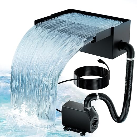 Biling Pond Waterfall Spillway Set, 8inch 304 Stainless Steel Overflow Pool Waterfall Spillway Fountain with 660GPH Pump and Durable Pipe for Pond, Pool, Stream, Garden, Patio Decoration