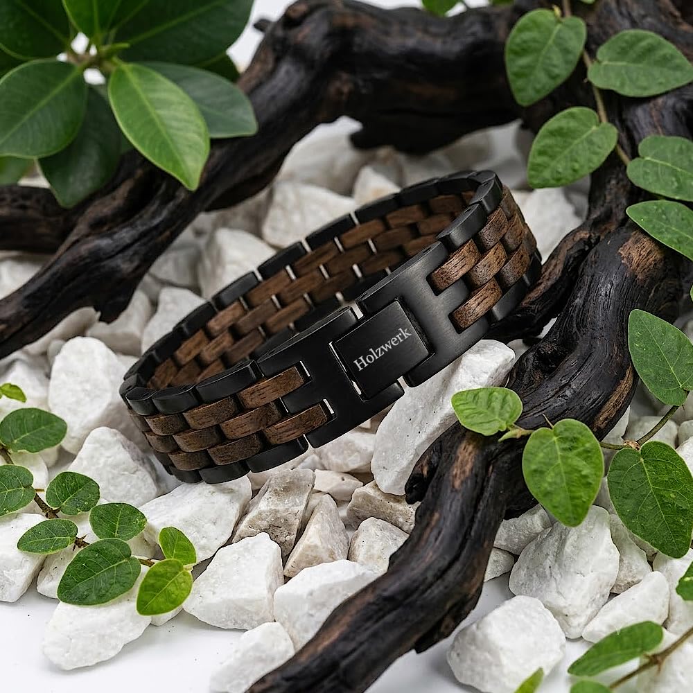 Holzwerk FEDERSEE Natur Holz Armband für Damen und Herren Holzarmband Herrenarmband Damenarmband Braun Schwarz Antik Einstellbar inkl. Armbandkürzer und Aufbewahrungsbox