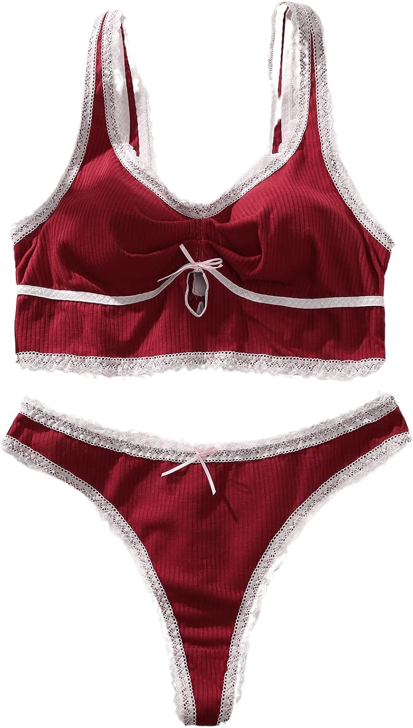 WDIRARA Women's Plus Size Lace Trim Ruched Underwire Lingerie Set Bralette and Panty Set