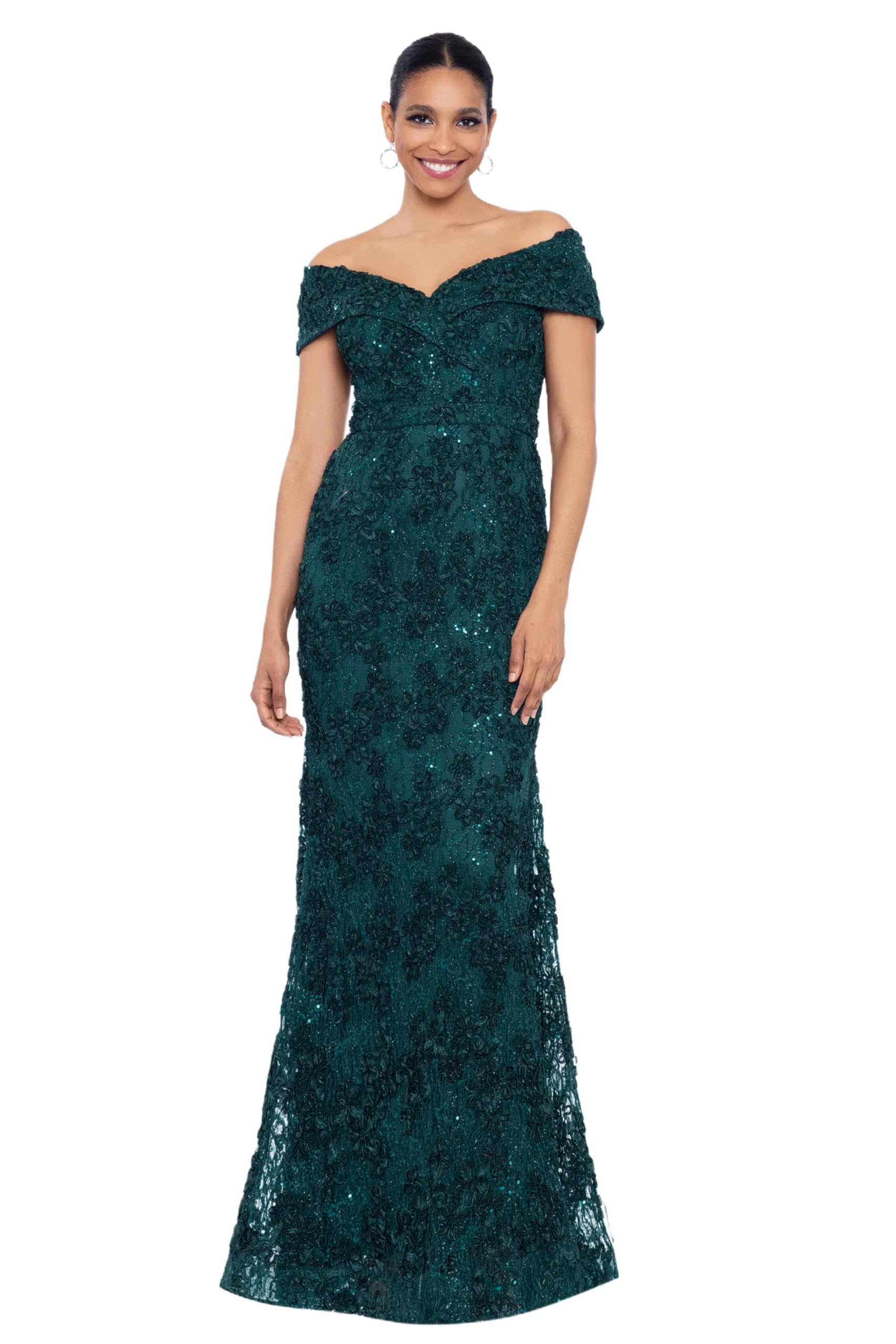 Xscape Women's Off The Shoulder Sequin &amp; Lace Overlay Evening Gown with Sweetheart Neckline, Sheath Formal Dress