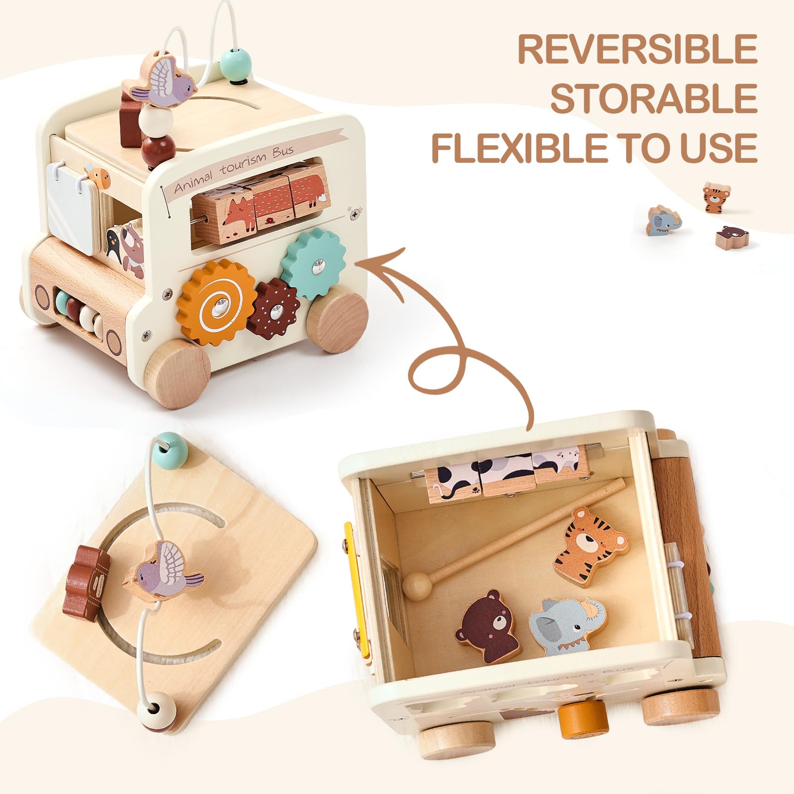 OESSUF Cubo Motore Baby Montessori 9 in 1 Autobus per 12 Mesi di Attività, Giocattolo in Legno per Bambini da 1 Anno, Regalo per Ragazze e Ragazzi