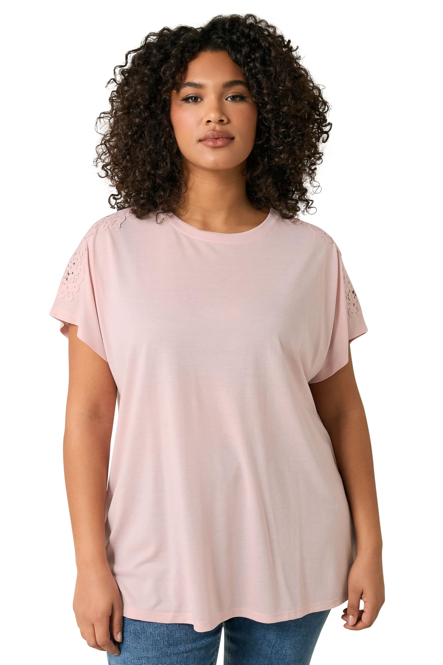EVANS Curve Crochet Shoulder Modal Rich T-Shirt - Women's - Plus Size Curve Pink