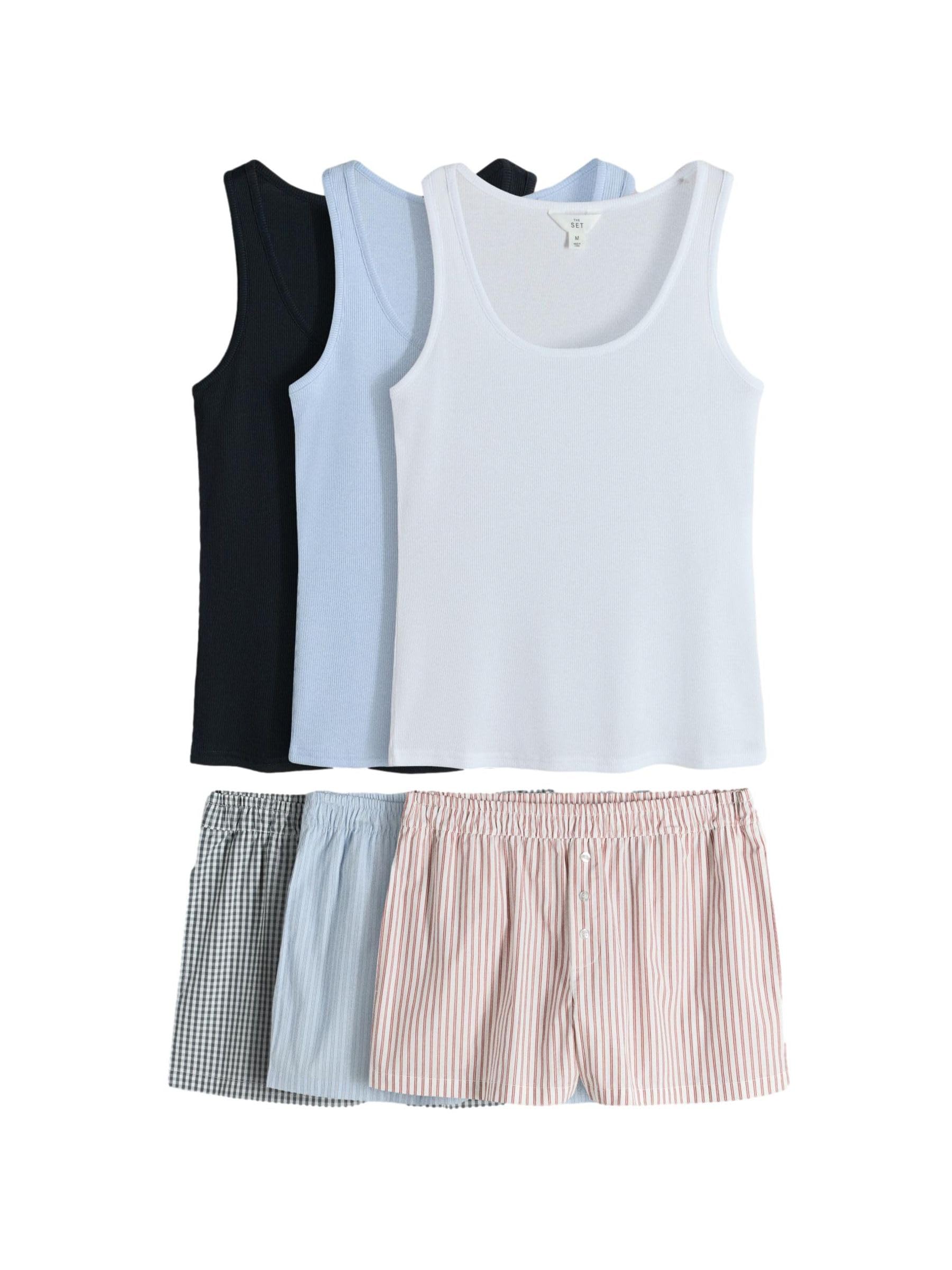 THE SET Damen 3er-Pack Pyjama aus Unterhemd und gewebten Shorts