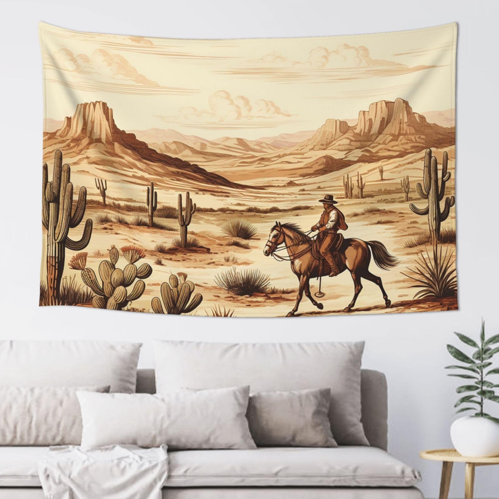 Fodpand Black West Desert Cactus With Cowboys Riding Horses Tapestry Dorm Decor, Wall Backdrop Aesthetic Tapestries Hanging Banner For Bedroom, Modern Wall Art Poster Blanket, Home Decor Wall Tapestry 60"X40"
