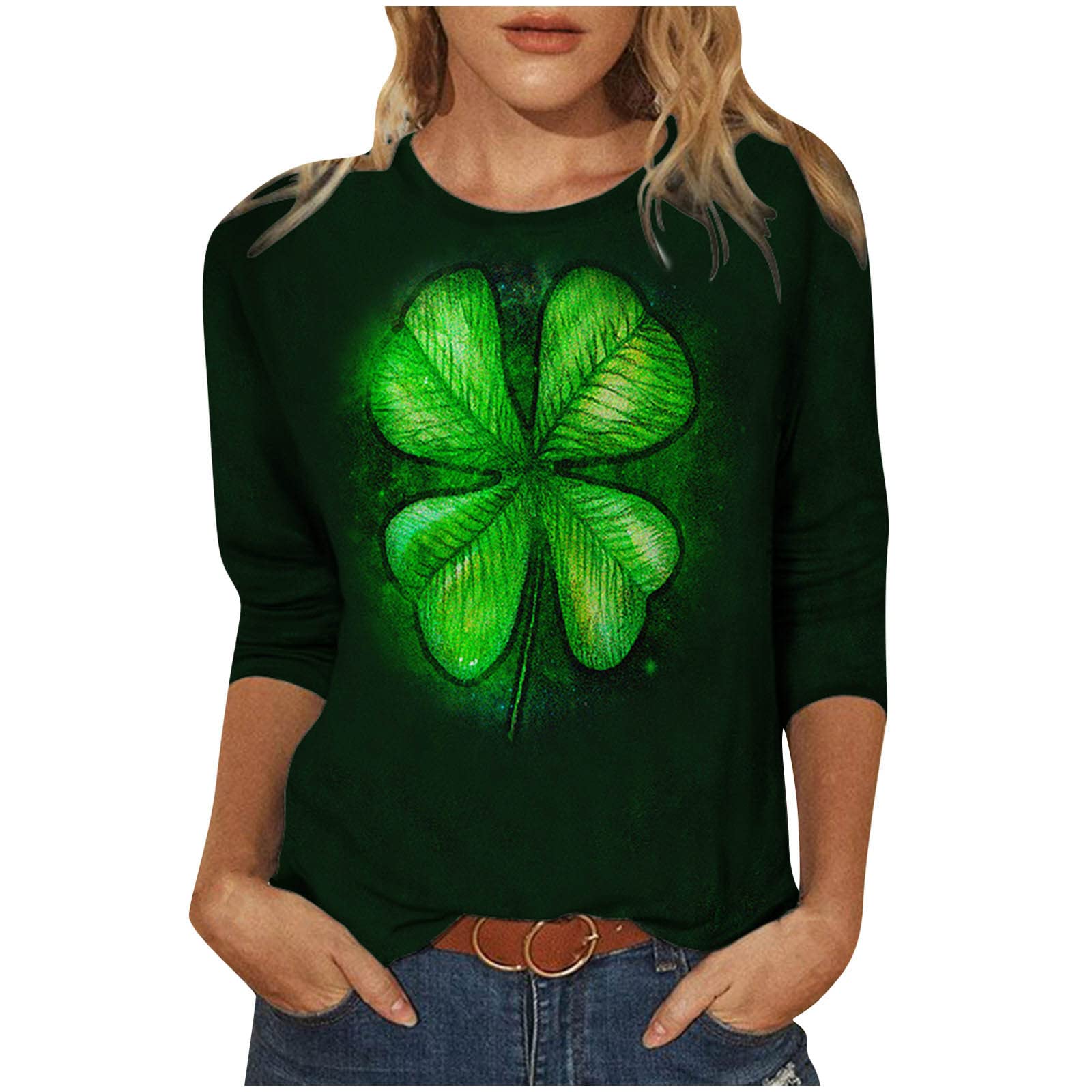 3/4 Sleeve Blouses for Women Fashion 2022 St. Patrick's Day Lucky Clover Graphic Tees Summer Casual Crewneck T-shirts