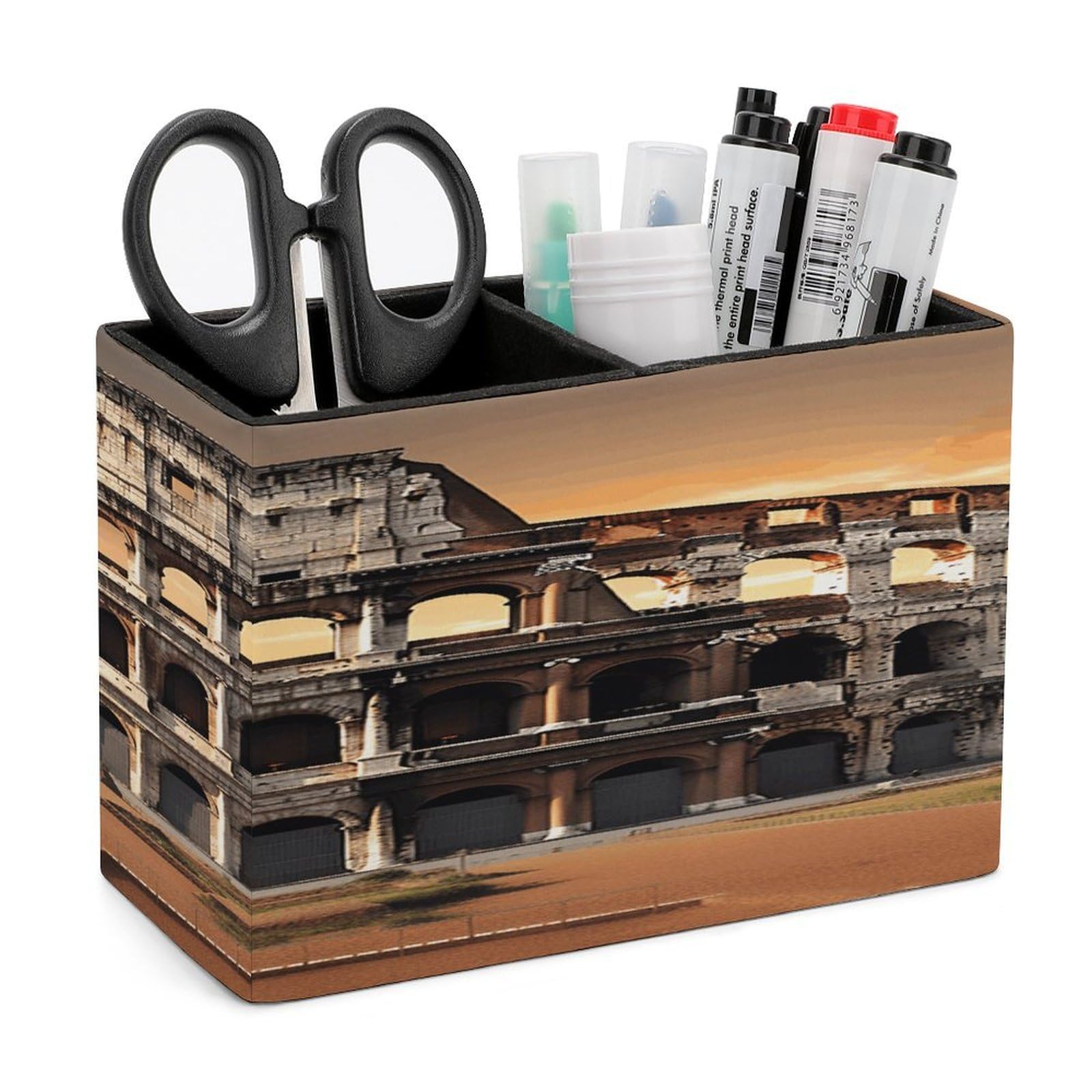 VstaDank Ancient Colosseum Pen Holder Double Compartments Pen Cup Fashion Makeup Brush Holders Leather Pencil Holder for Work Locker Accessories Modern Pencil Cup for Desk Organizer