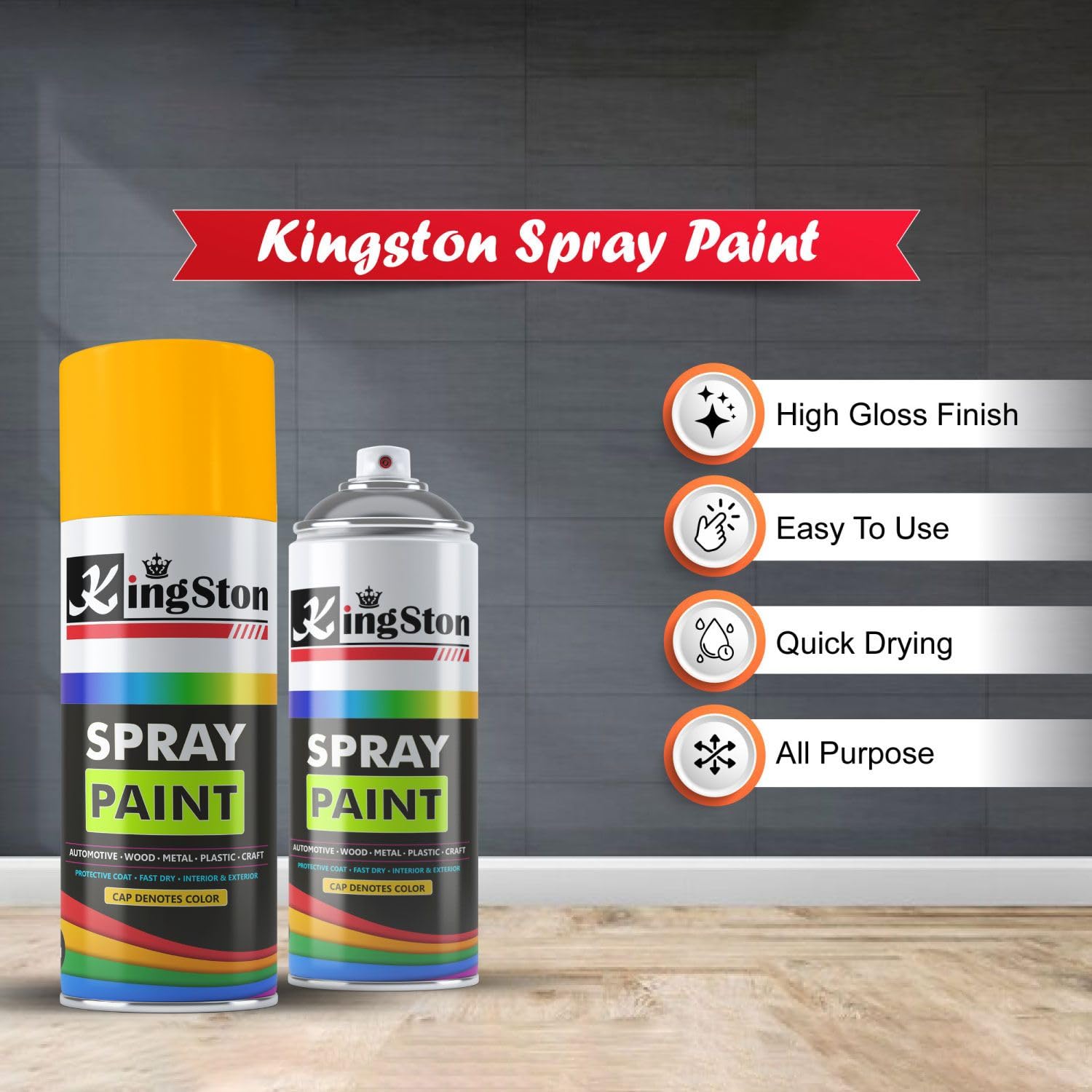 Kingston Acrylic Spray Paint for Metal, Wood, Wall & Plastic, Multi-Surface DIY Paint, Quick Dry, Neon Orange Finish, 400ml Can, 1 Pc 2