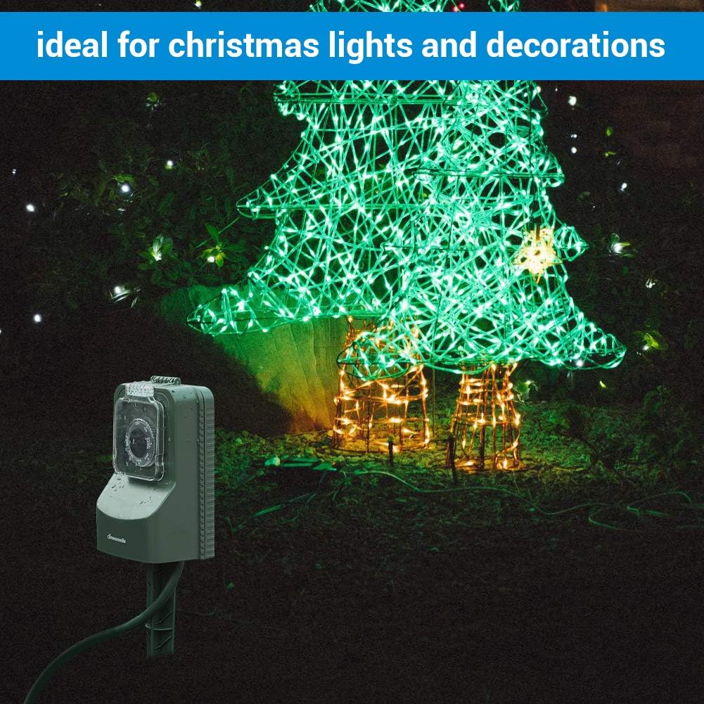 DEWENWILS Outdoor Power Stake Timer, Weatherproof Power Strip Timer, 3 Grounded Outlets, Light Sensor Timer for Lights, Garden, Sprinklers, Christmas Decoration, Electrical Outlets, 15A UL Listed