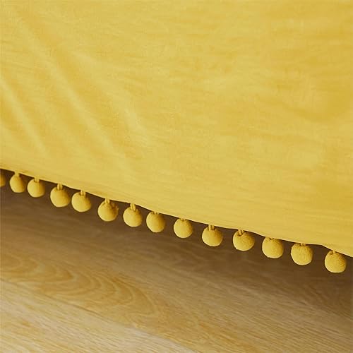 Miniatura 3 de annadaif Juego de edredón amarillo mostaza, tamaño matrimonial, edredón de 3 piezas con flecos de pompones, juego de ropa de cama de microfibra
