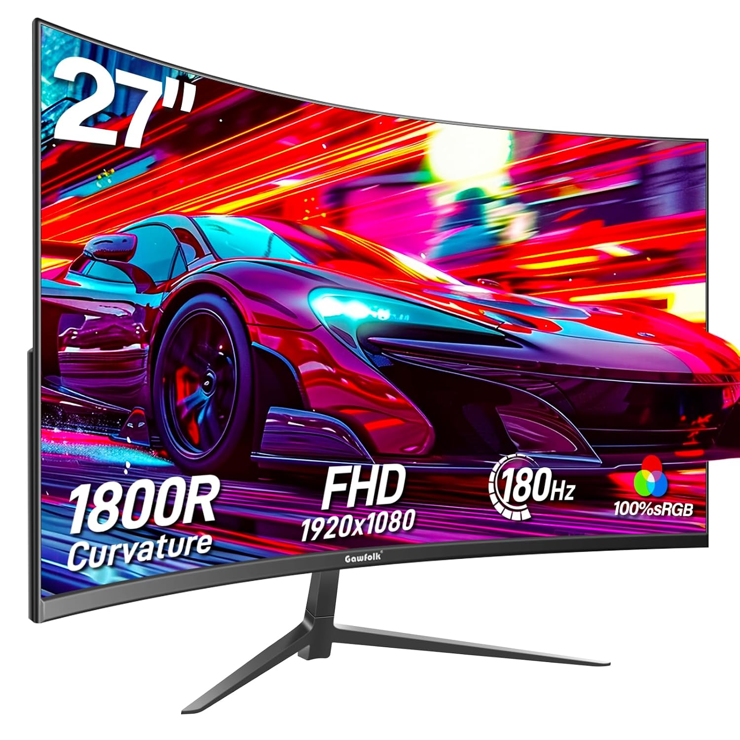 Gawfolk 27 Inch Curved Gaming Monitor, 144Hz/180Hz Full HD 1080P PC Monitor, Frameless 1800R Computer Screen with Freesync and Eye-Care Technology, Wall Mountable, Dp, H Port