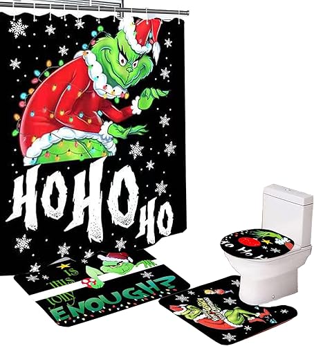 Juego de 4 piezas de cortina de ducha, alfombra antideslizante, funda de asiento de inodoro y tapete de baño, decoración de baño de Navidad con