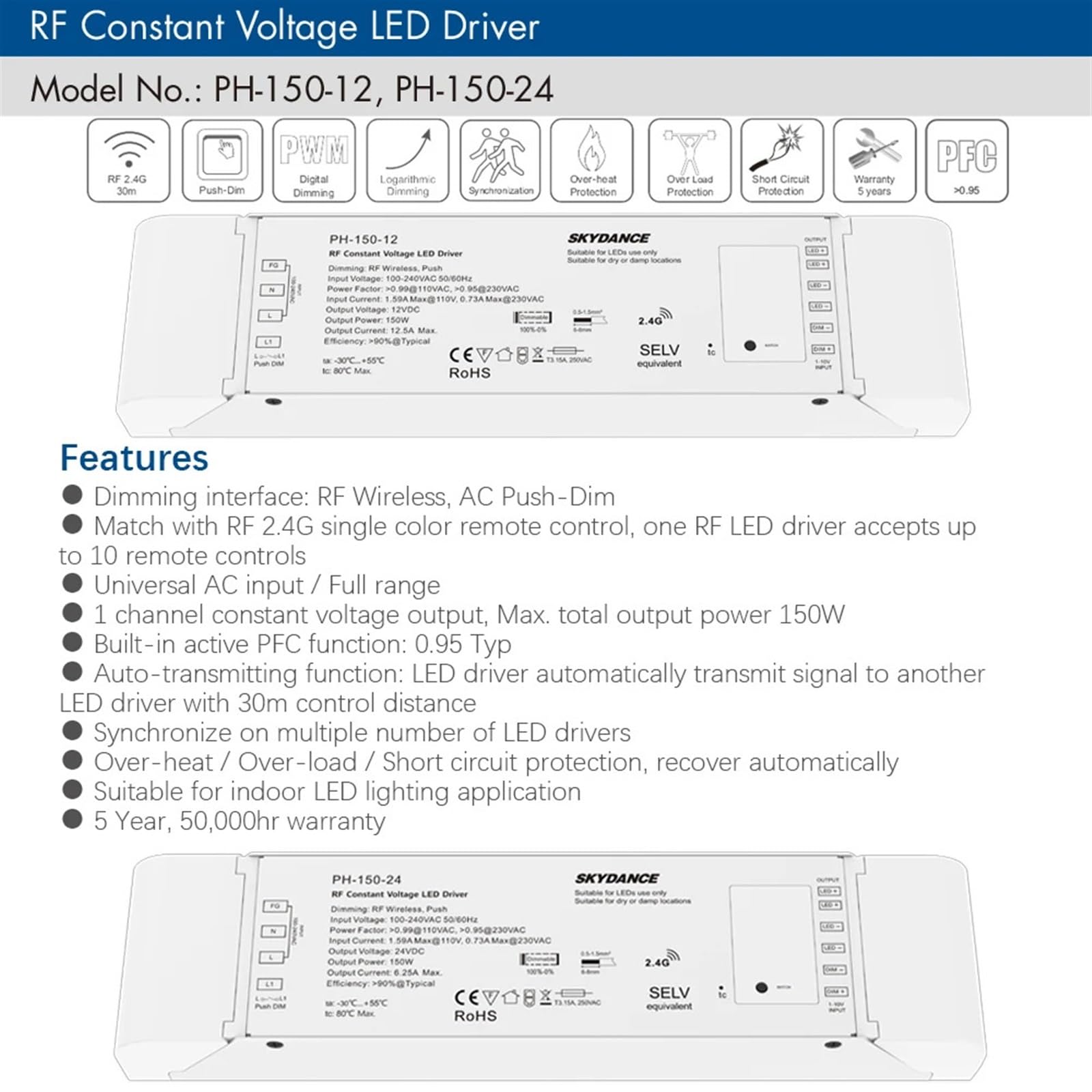 Driver LED dimmerabile 150W 2.4G Telecomando Senza Fili AC 110V 220V a 12V 24V Driver di Alimentazione dimmerabile a Tensione costante Push Dim (Color : PH-150-24, Size : 150W)