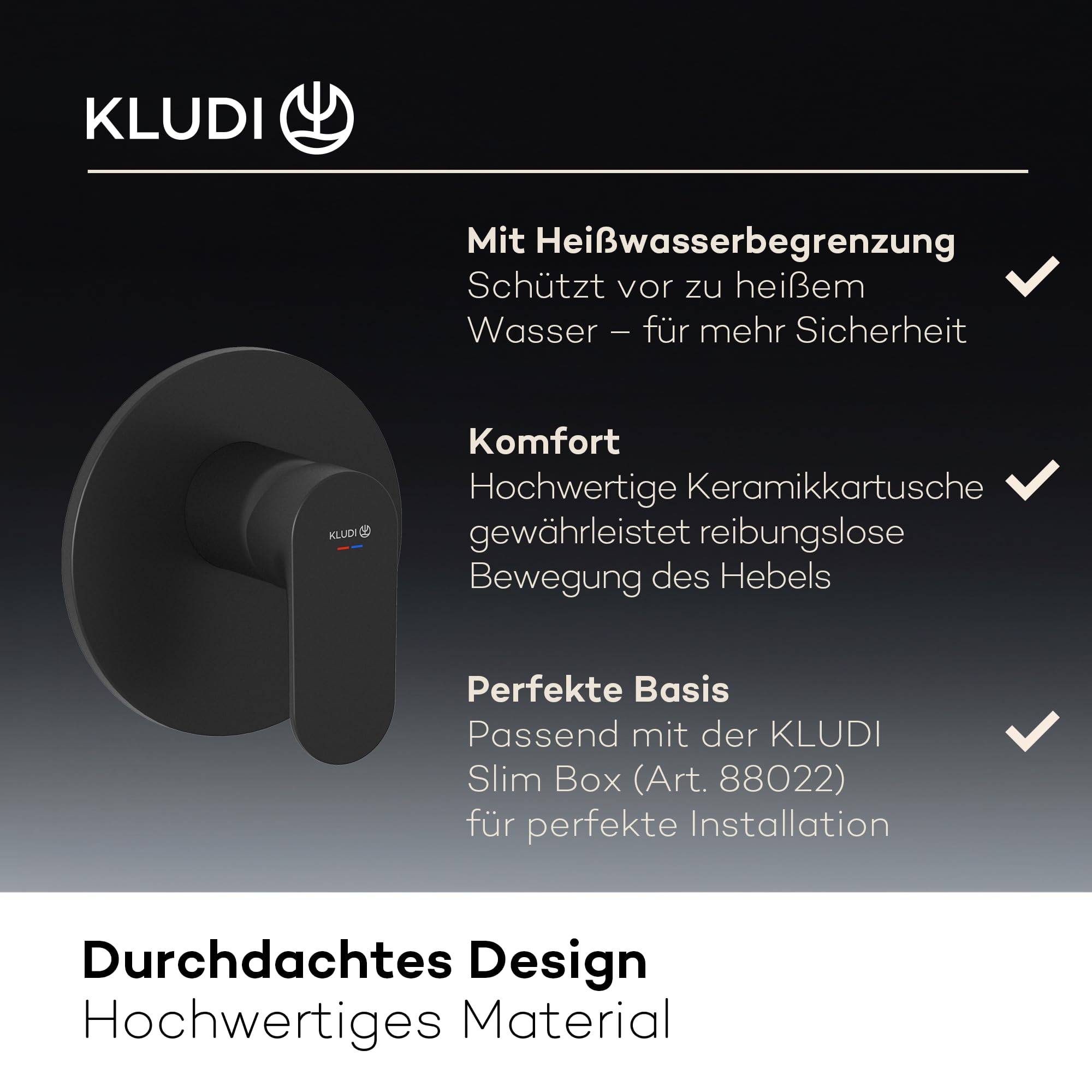 KLUDI -X1 podtynkowa armatura prysznicowa z ogranicznikiem ciepłej wody, bateria prysznicowa z wysokiej jakości ceramicznym wkładem do łazienki, czarna matowa, wymagane akcesoria KLUDI Slimbox (art.