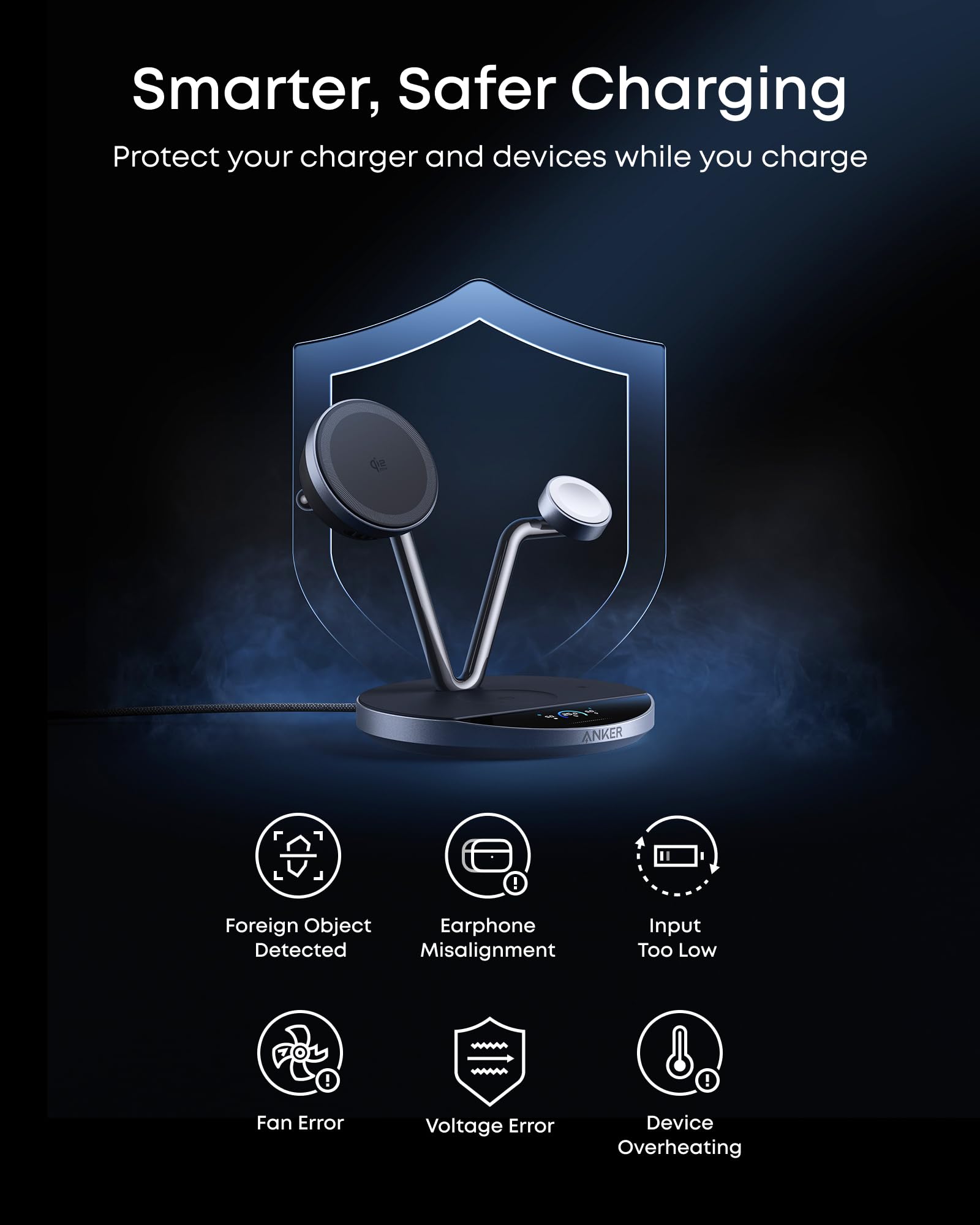 Anker Compatibile con caricabatterie Prime MagSafe, stazione di ricarica 3 in 1, supporto per caricabatterie wireless certificato Qi2 da 25 W, display intelligente con raffreddamento attivo TEC, per
