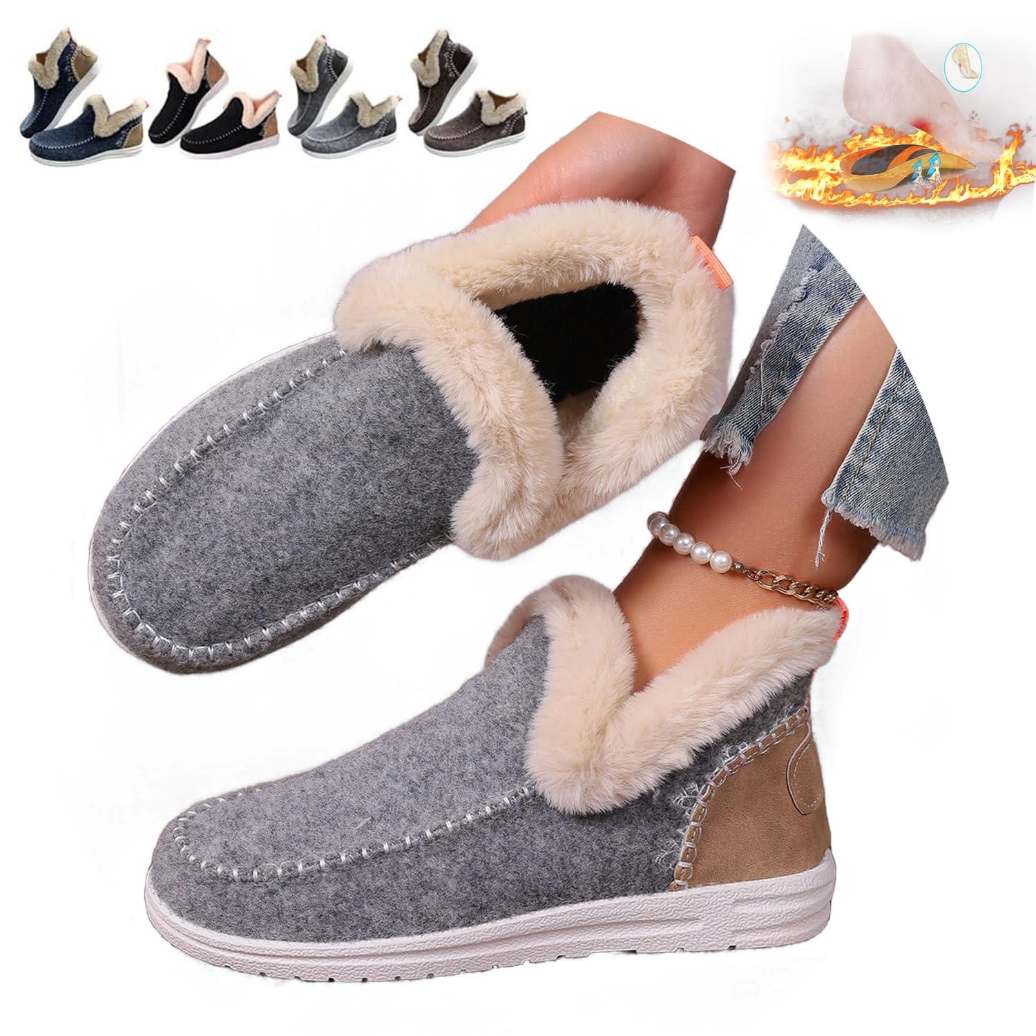 HUIQINGLI Womens Winter Plush Lined Flat Shoes Comfy Orthopedic Arch Support Shoes Embroidered Patchwork Slip-On Warm Snow Booties