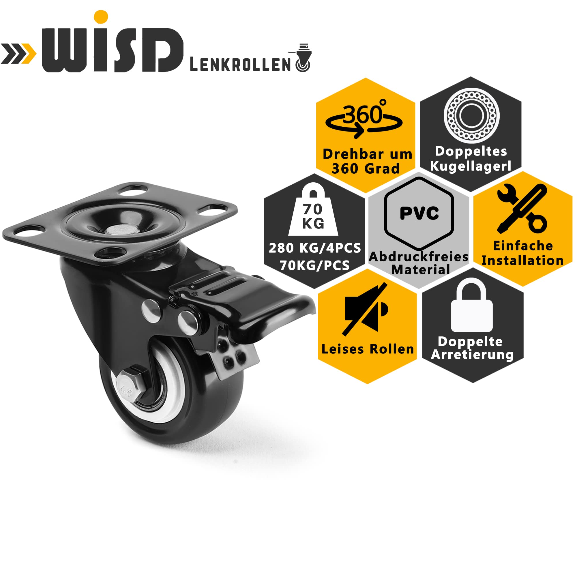 Set Di 4 Ruote Per Mobili GBL Da 200mm - Portata 1520kg, Con 2 Freni, Colore Rosso