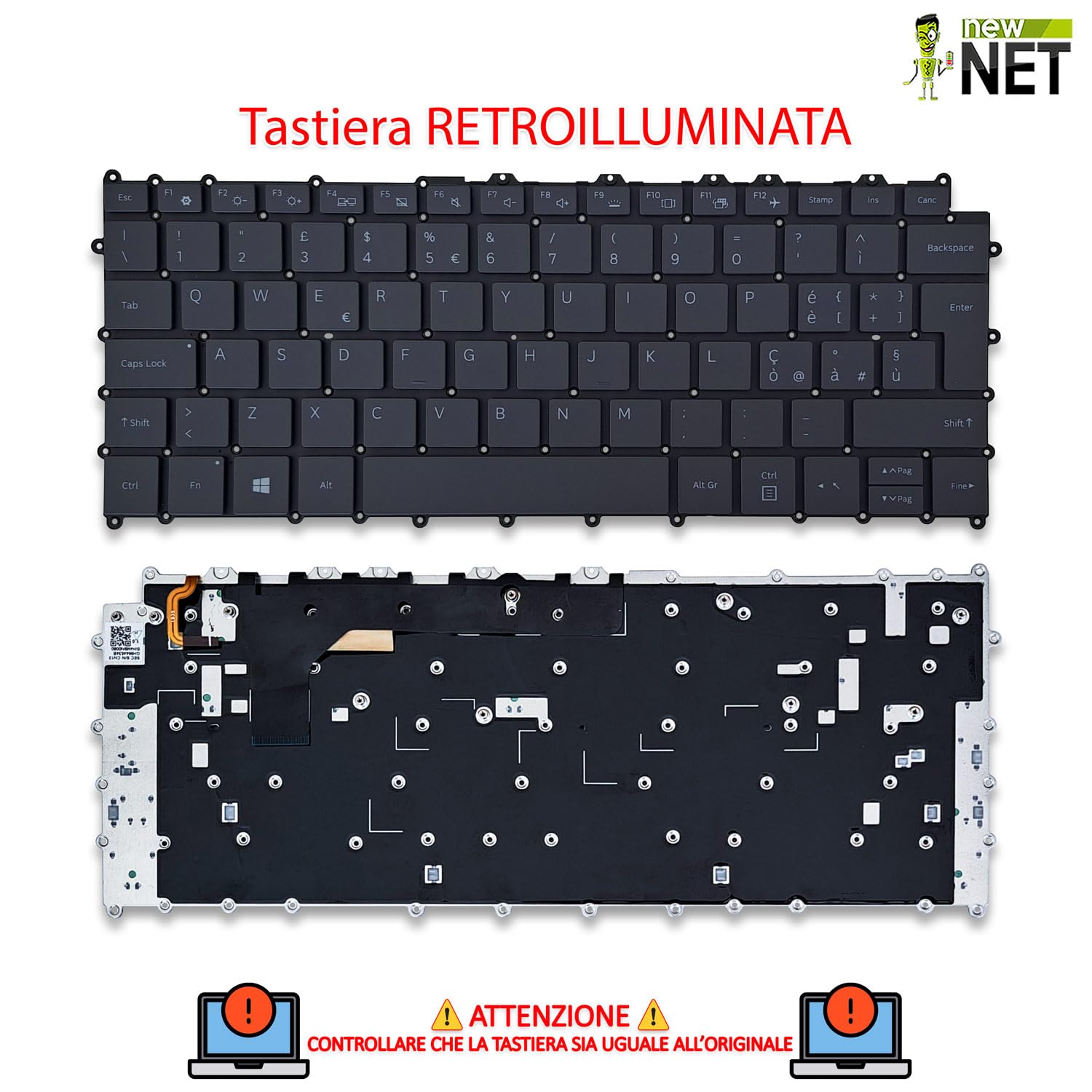 new net - Tastiera compatibile con Samsung Galaxy Book S NP767XCM-K01IT, SM-W767NZNAITV [Senza frame - colore tasti Grigio - Retroilluminata - Layout ITA]