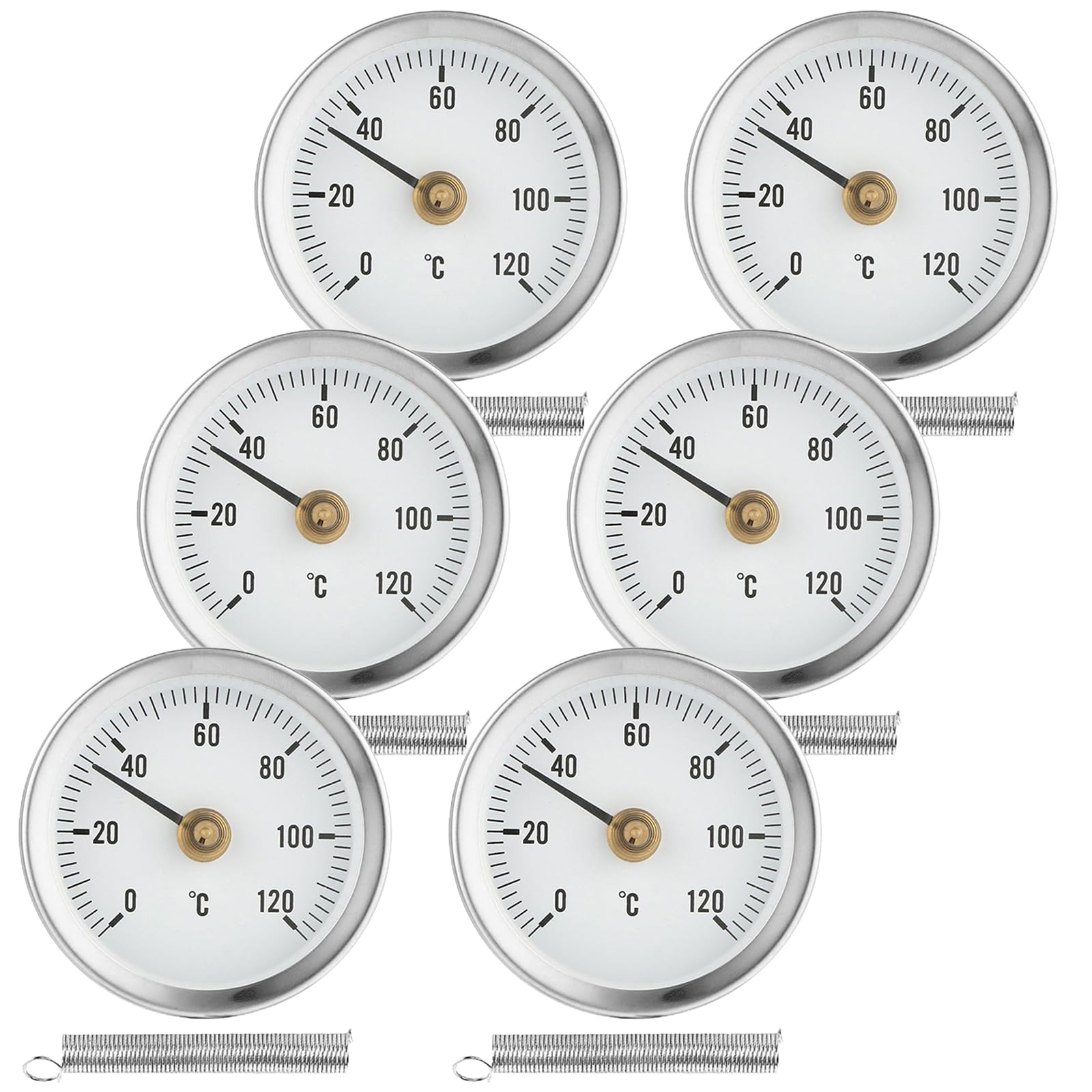 6 Stück Anlegethermometer Heizungsrohr, 63 mm Bimetall Industrielles Rohrthermometer, 0-120 °C anlege-zeigerthermometer mit Clip-On Feder für Heizkörperrohrtemperatur, Heim & Industrie