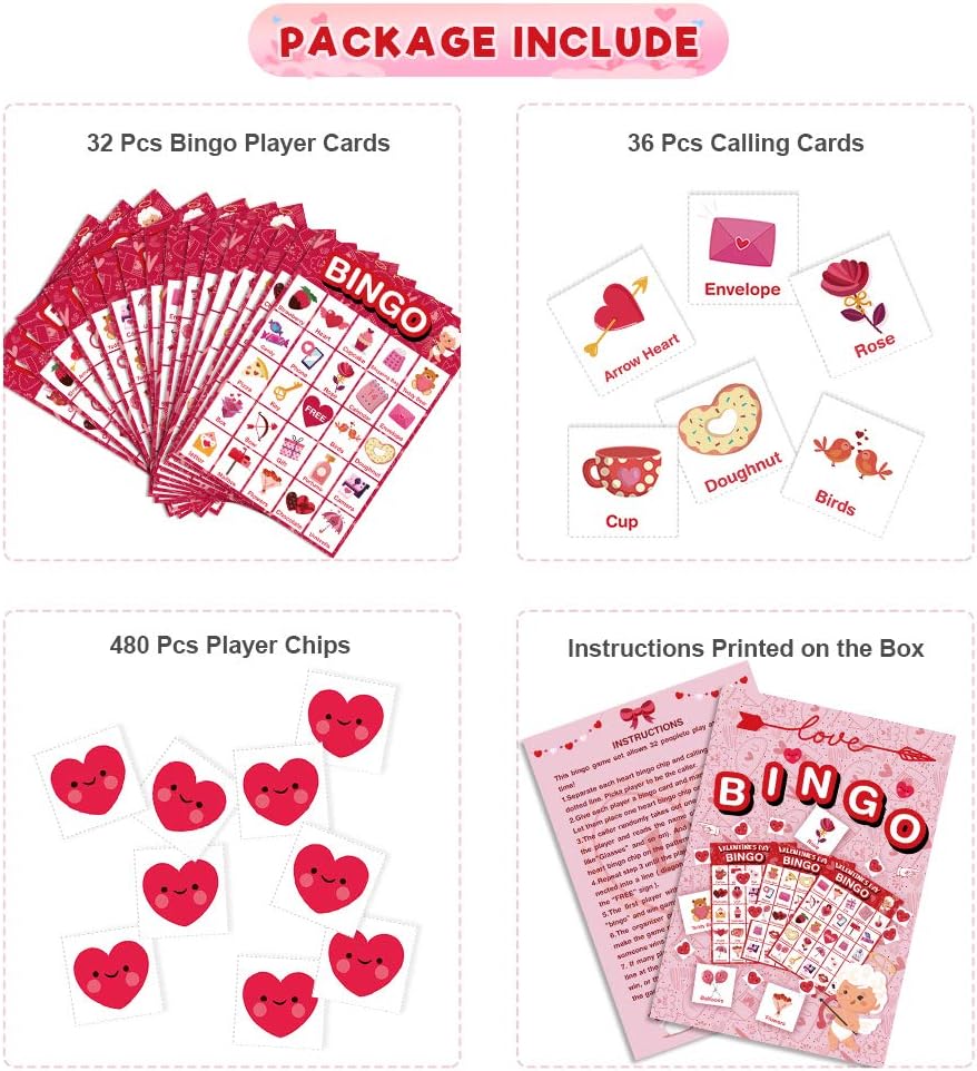 Officygnet Valentine's Day Bingo Game Cards, 32 Players for Kids Party Card Games, School Classroom Group Games, Family Activity, Valentines Party Favors Supplies