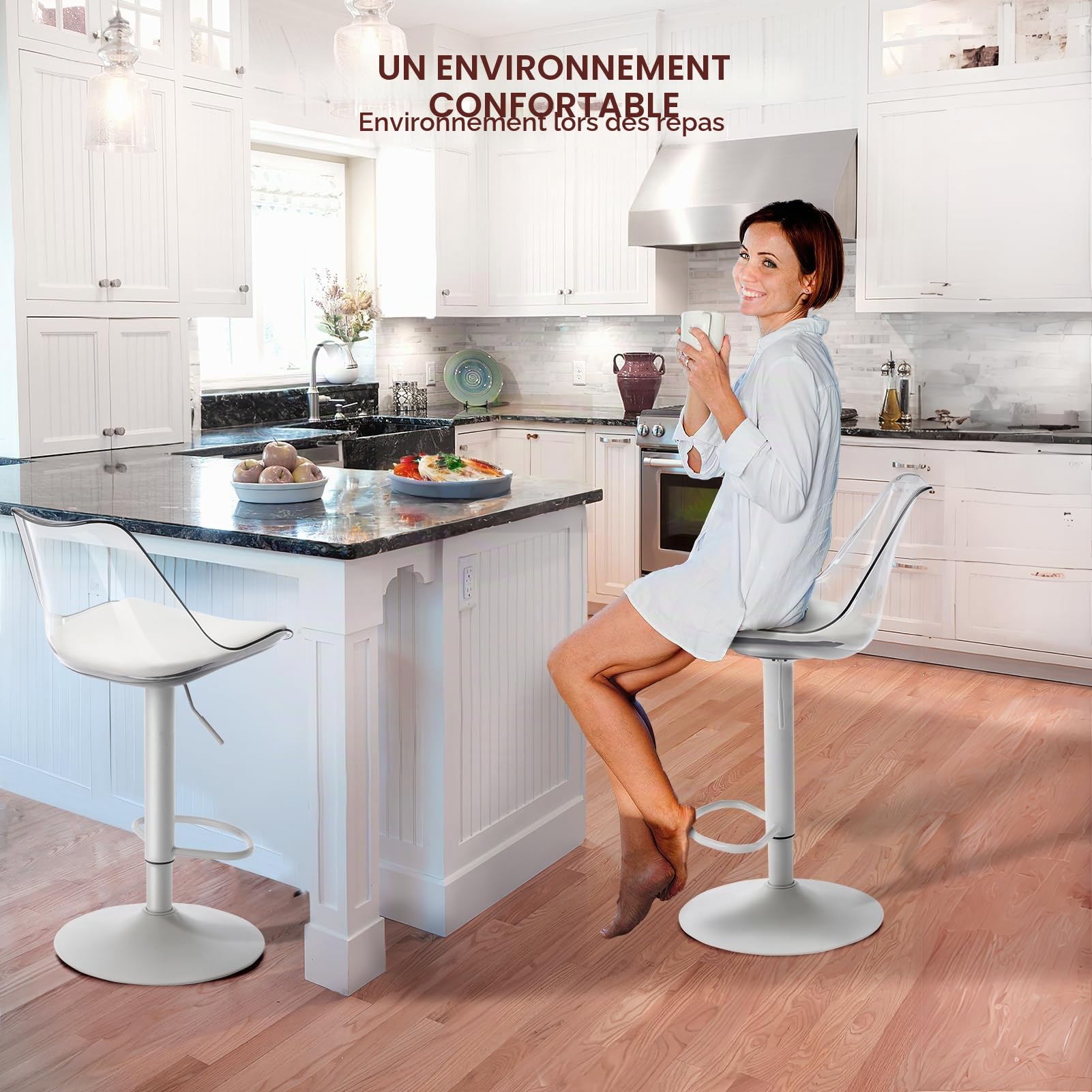 Lot de 4 tabourets de bar transparents réglables en hauteur, pivotants à 360°, avec dossier ergonomique et repose-pieds – Chaises hautes modernes pour cuisine, salle à manger et bar (Blanc)