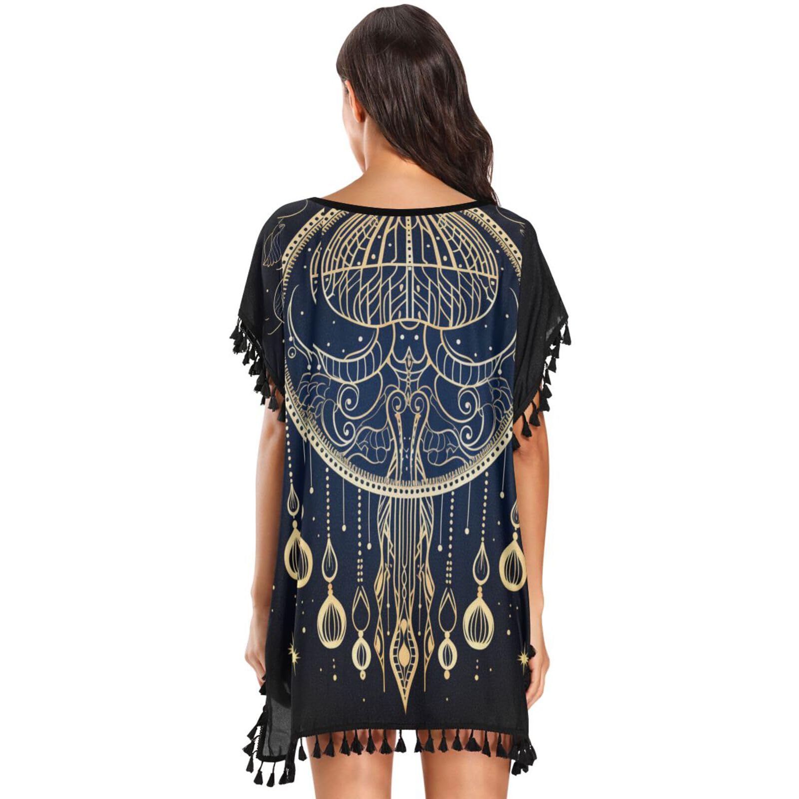 Space Art Starry Jellyfish Women's Beach Cover Up Chiffon Tassel Swimwear Swimsuit Coverups for Girl