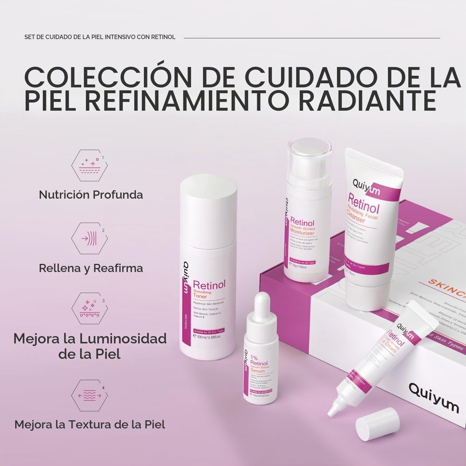 QUIYUM Kit de cuidado facial con retinol para mujer, set skincare | antiedad y antiarrugas de 5 piezas con limpiador, tónico, sérum, crema de ojos e hidratante