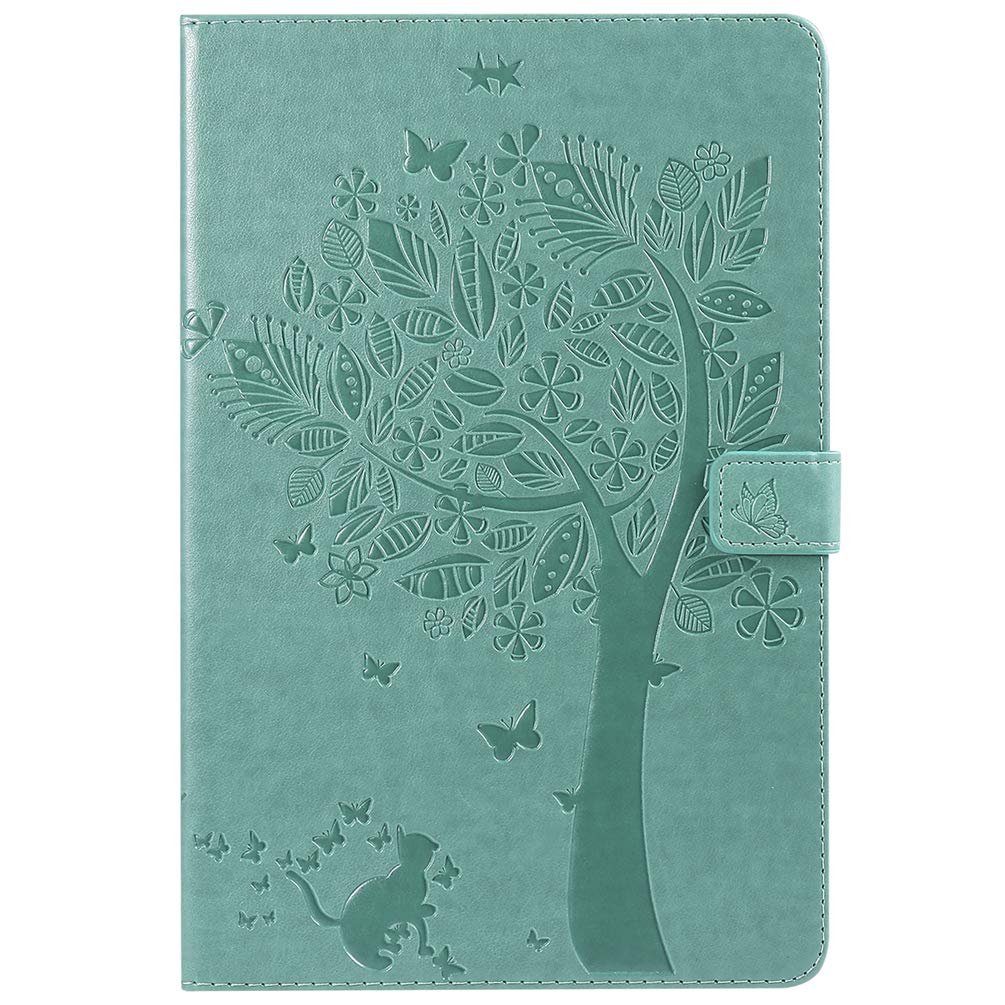 LingDan Protective Cover for Samsung Galaxy Tab S4 T830/T835 (10.5 Inch) Tablet PU Leather Cover Embossing Tree and cat Pattern with Built Stand and Magnetic Closure Wallet Flip Folio Case, Green